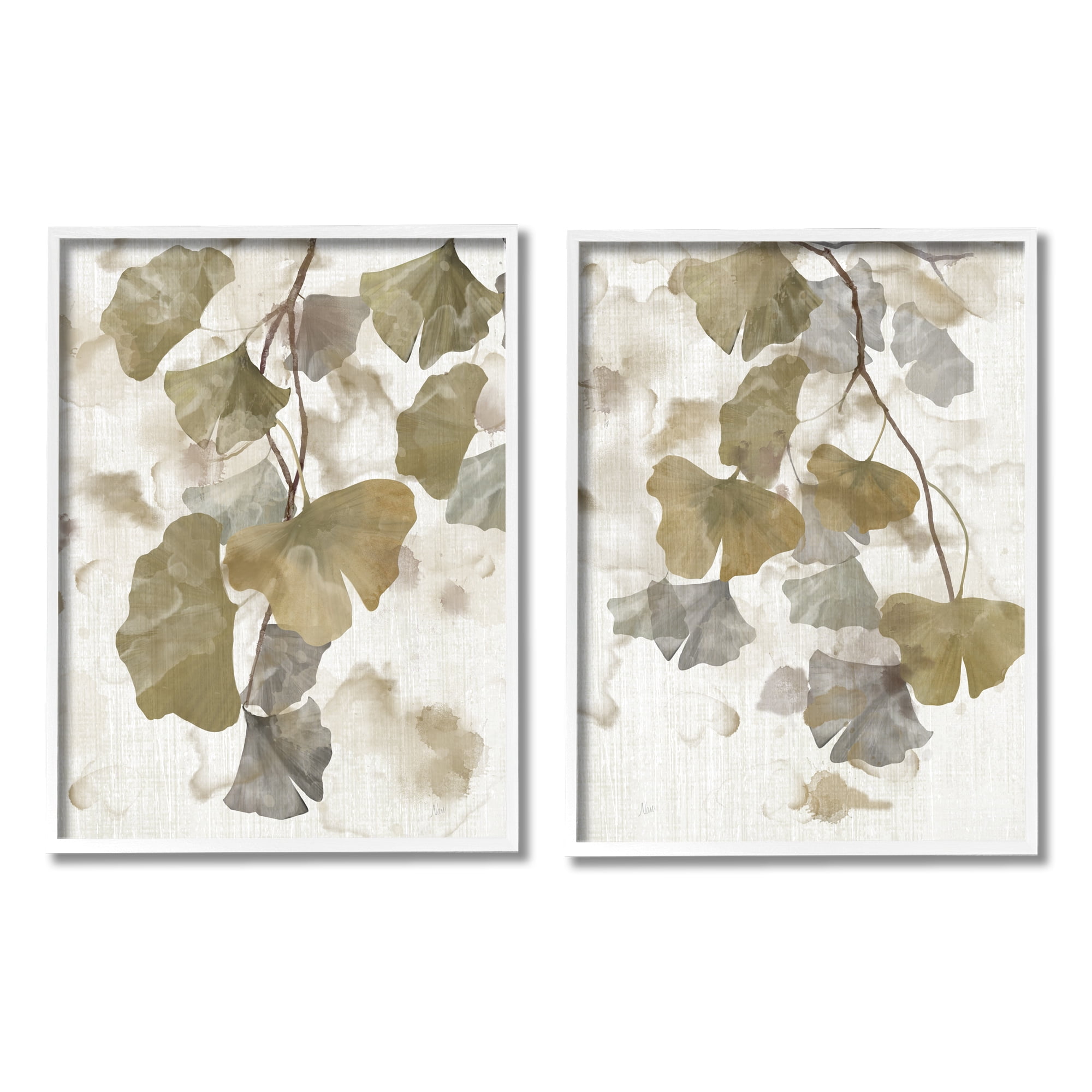 Stupell Industries Rustic Gingko Leaves Botanical & Floral Painting White Framed Art Print Wall Art, 24 x 30, Set of 2