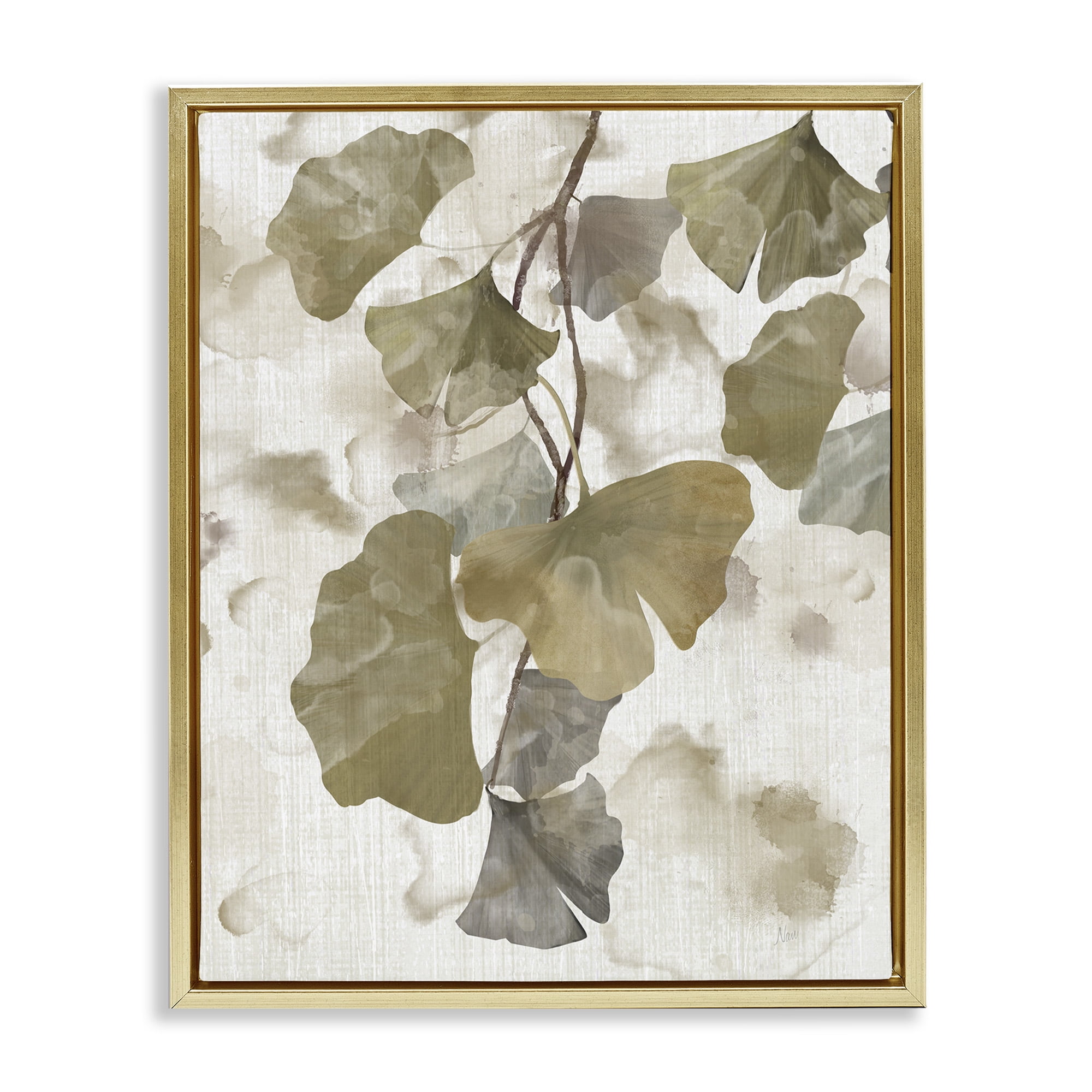 Stupell Industries Rustic Ginkgo Leaves Botanical & Floral Painting Gold Floater Framed Canvas Art Print Wall Art, 17 x 21