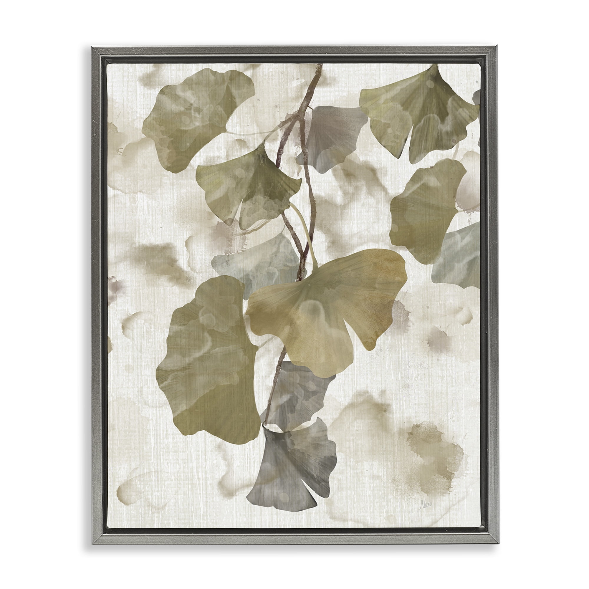 Stupell Industries Rustic Ginkgo Leaves Botanical & Floral Painting Gray Floater Framed Canvas Art Print Wall Art, 17 x 21