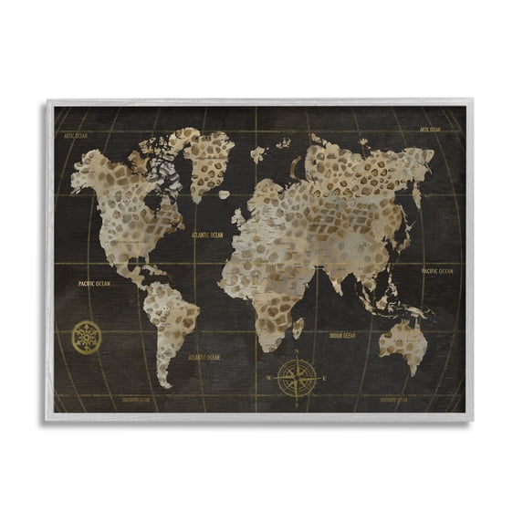 Stupell Industries Rustic Giraffe Animal Pattern Atlas Map Compass Graphic Art Gray Framed Art Print Wall Art, Design by Nan