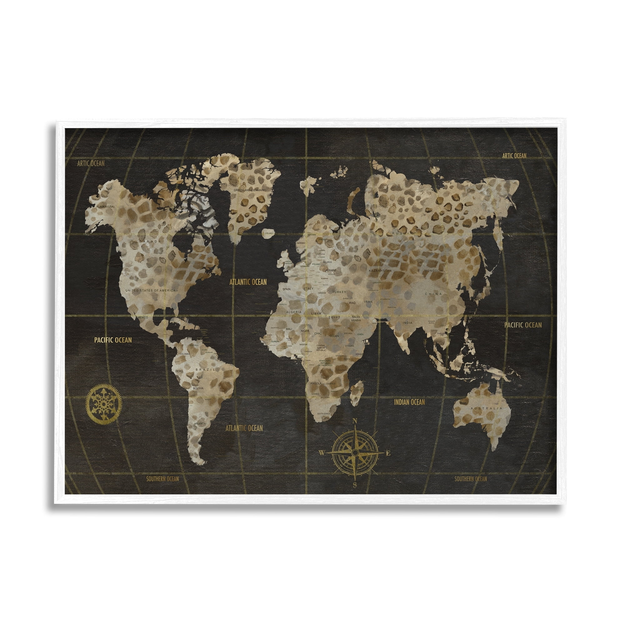 Stupell Industries Rustic Giraffe Animal Pattern Atlas Map Compass Graphic Art White Framed Art Print Wall Art, Design by Nan