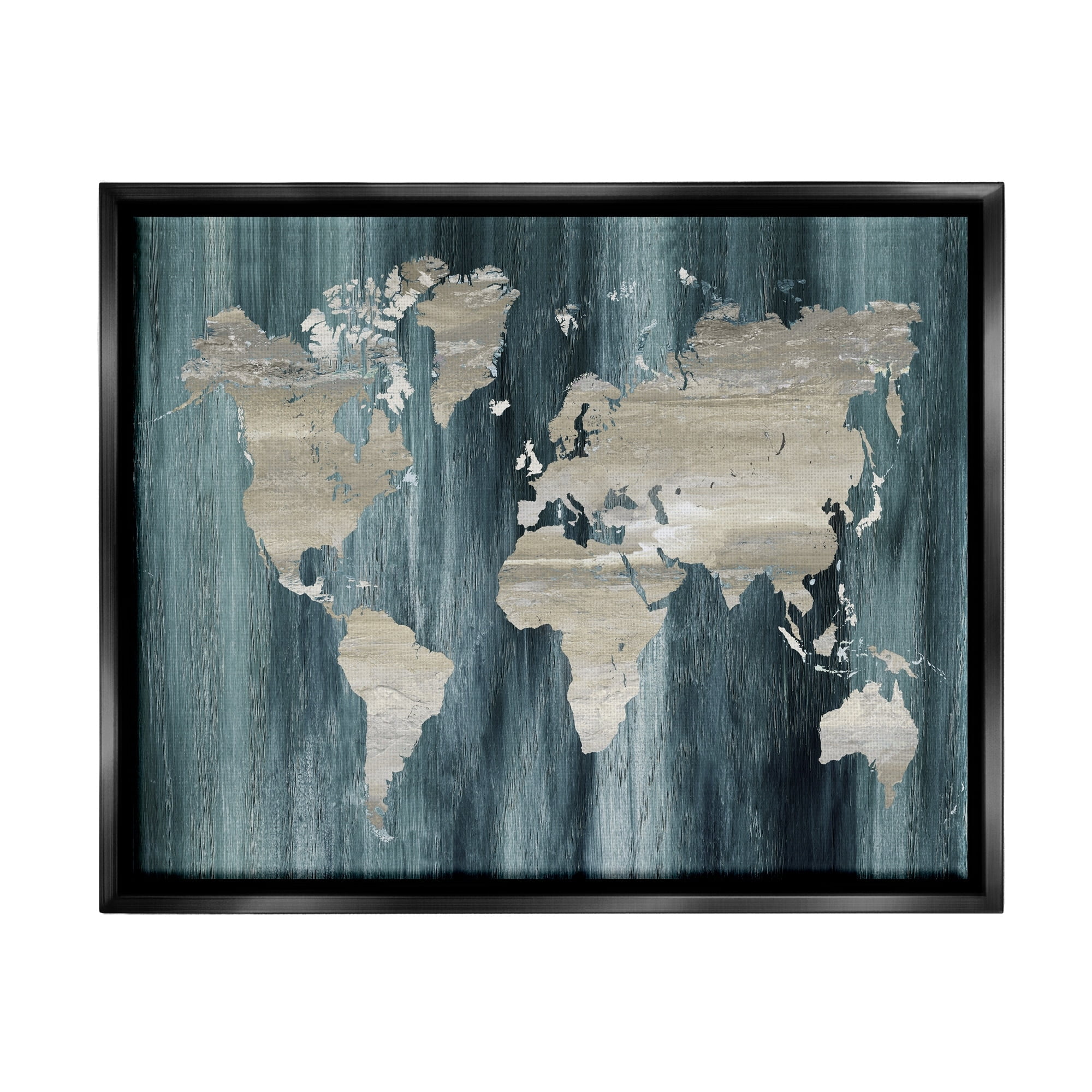 Stupell Industries Rustic Grain Patterned World Map Country Shapes Graphic Art Jet Black Floating Framed Canvas Print Wall Art, Design by Nan