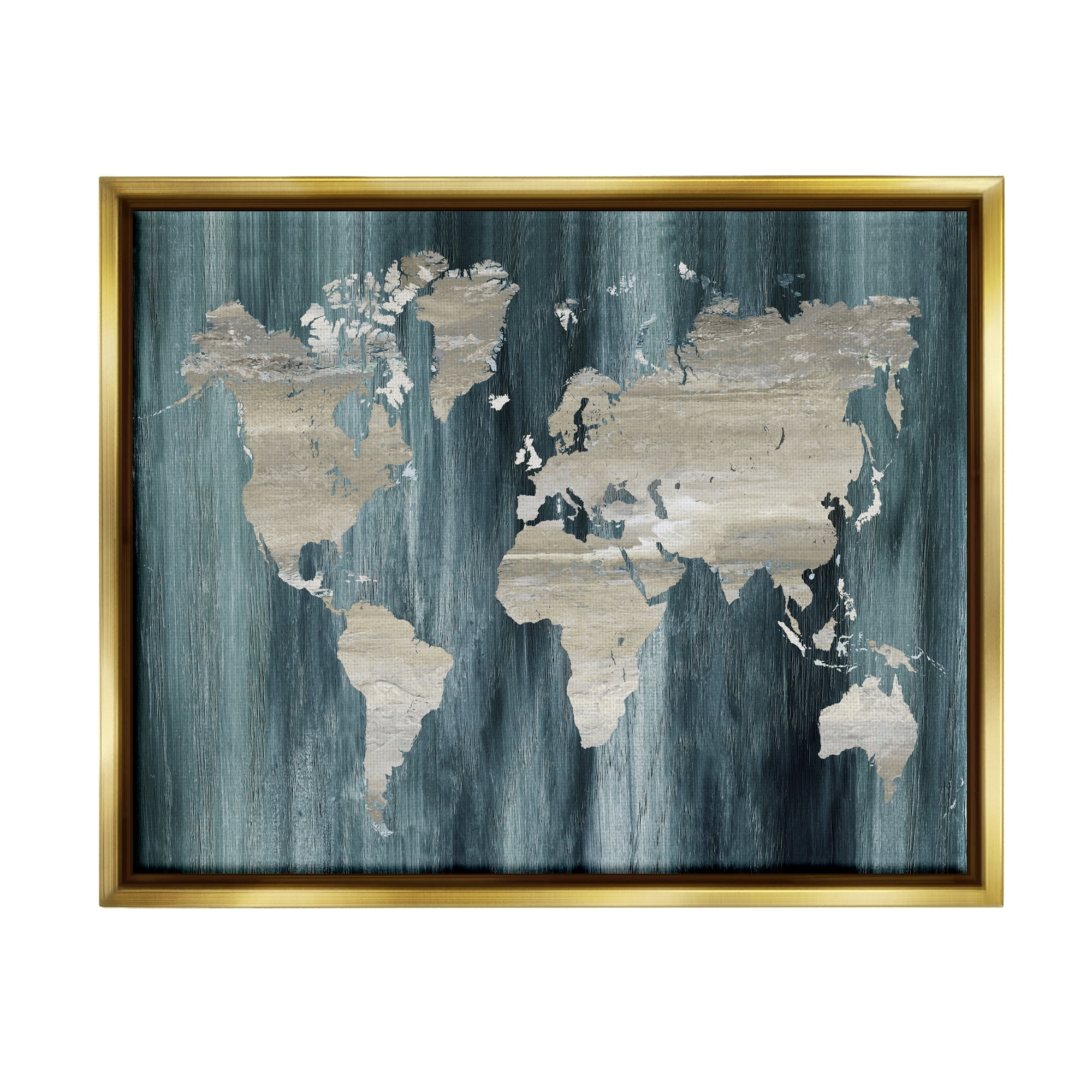 Stupell Industries Rustic Grain Patterned World Map Country Shapes Graphic Art Metallic Gold Floating Framed Canvas Print Wall Art, Design by Nan