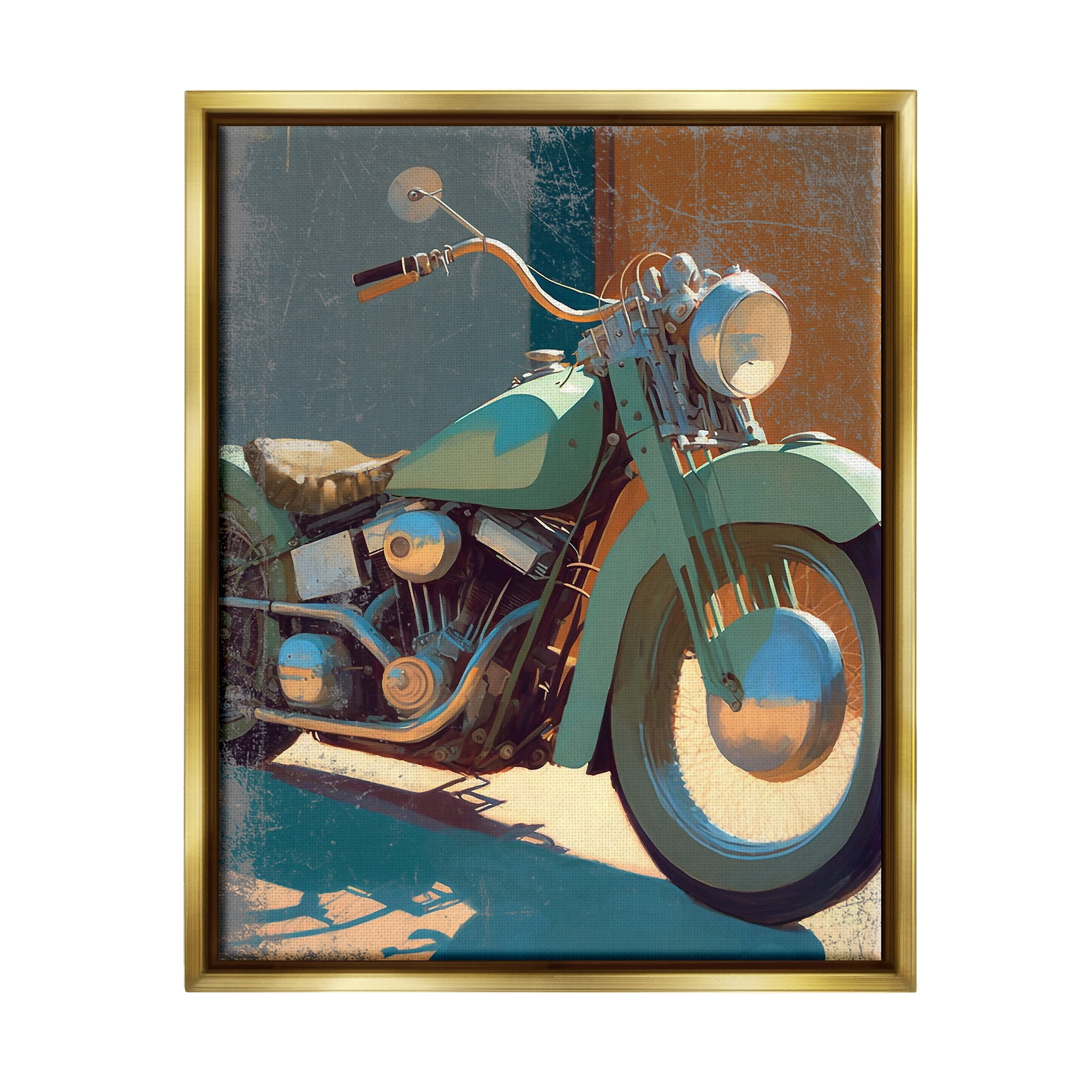 Stupell Industries Rustic Green Motorcycle Transportation Painting Gold Floater Framed Canvas Art Print Wall Art, 17 x 21