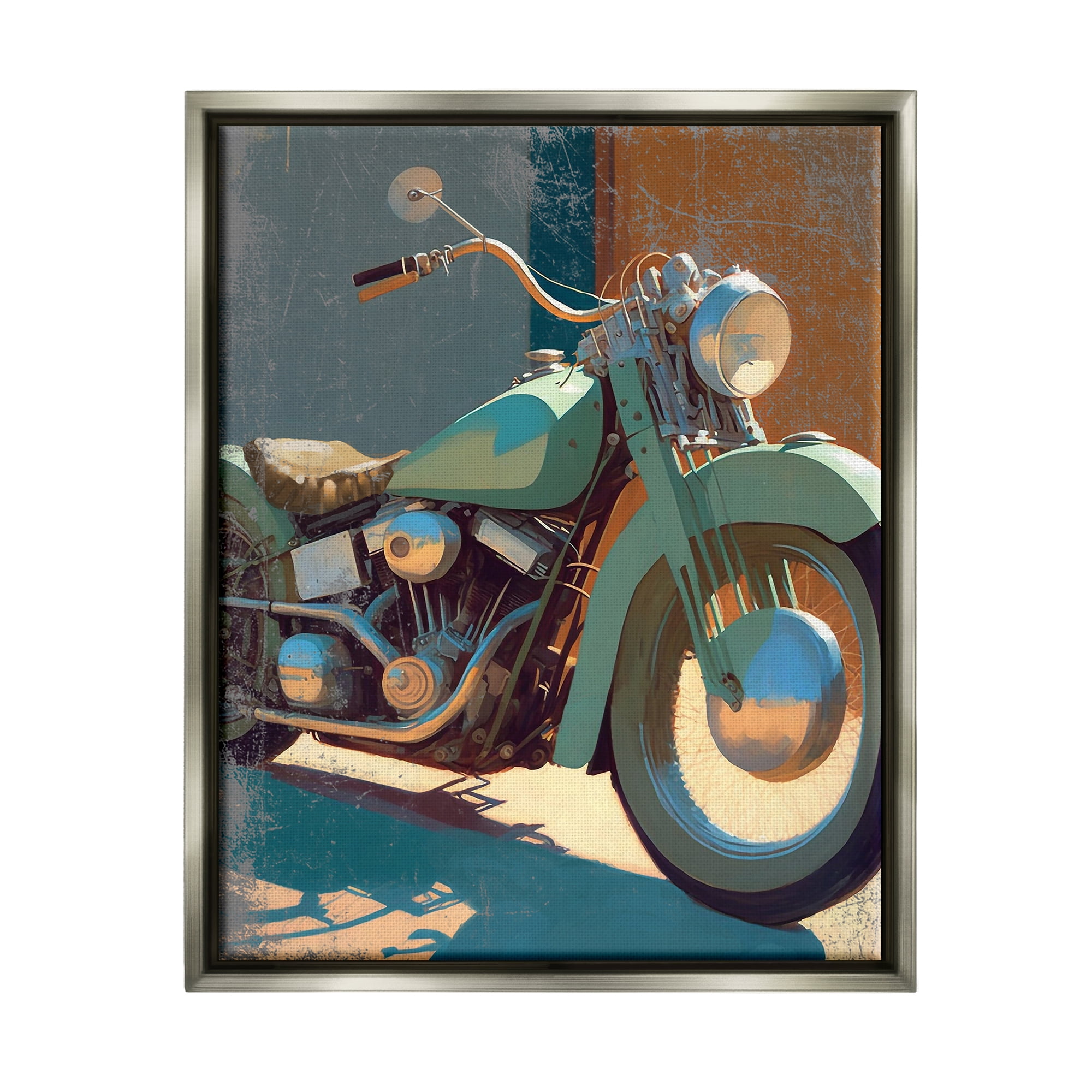 Stupell Industries Rustic Green Motorcycle Transportation Painting Gray Floater Framed Canvas Art Print Wall Art, 25 x 31
