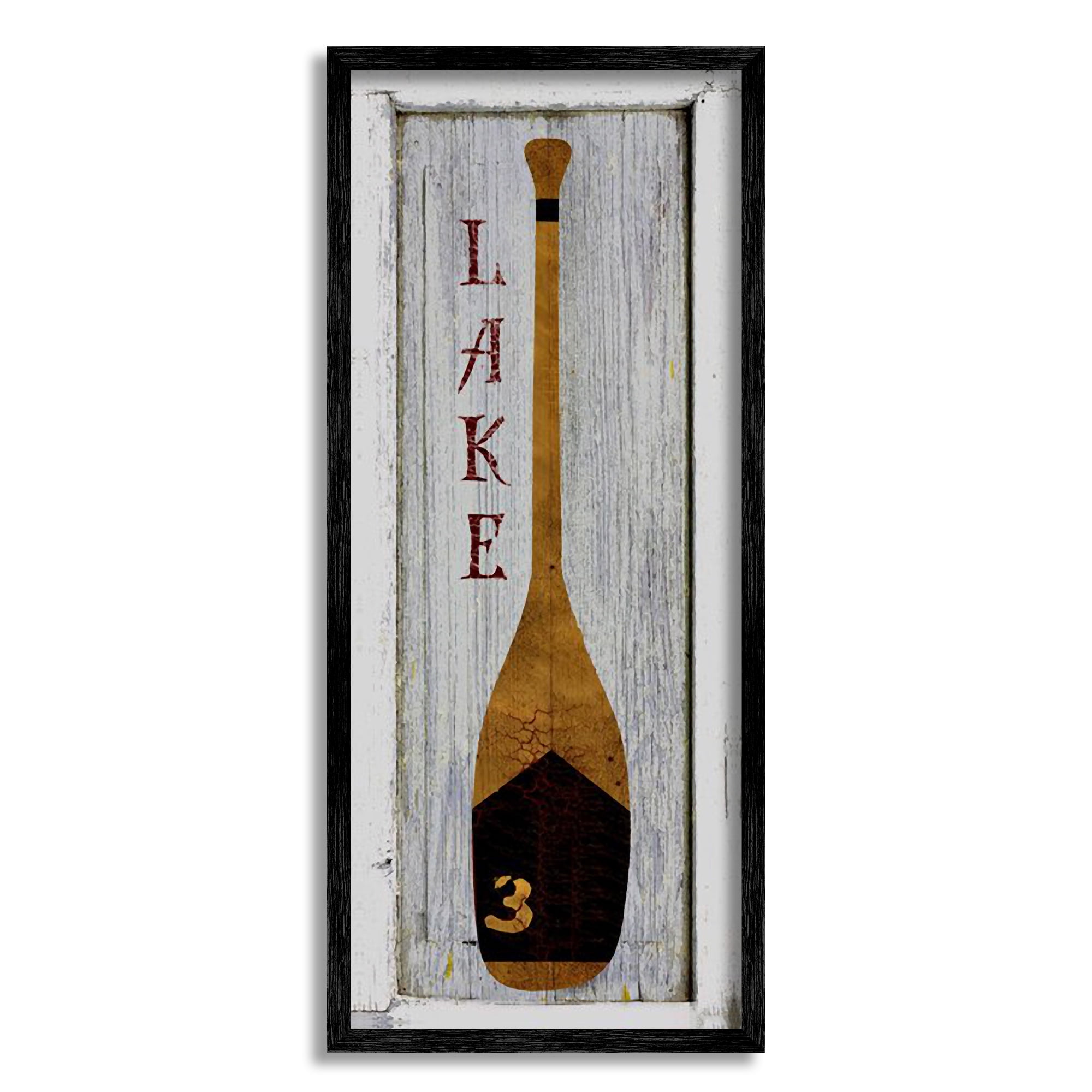 Stupell Industries Rustic Grey Planked Look Vertical Brown Oar Lake Graphic Art Black Framed Art Print Wall Art, 10x24, by Beth Albert
