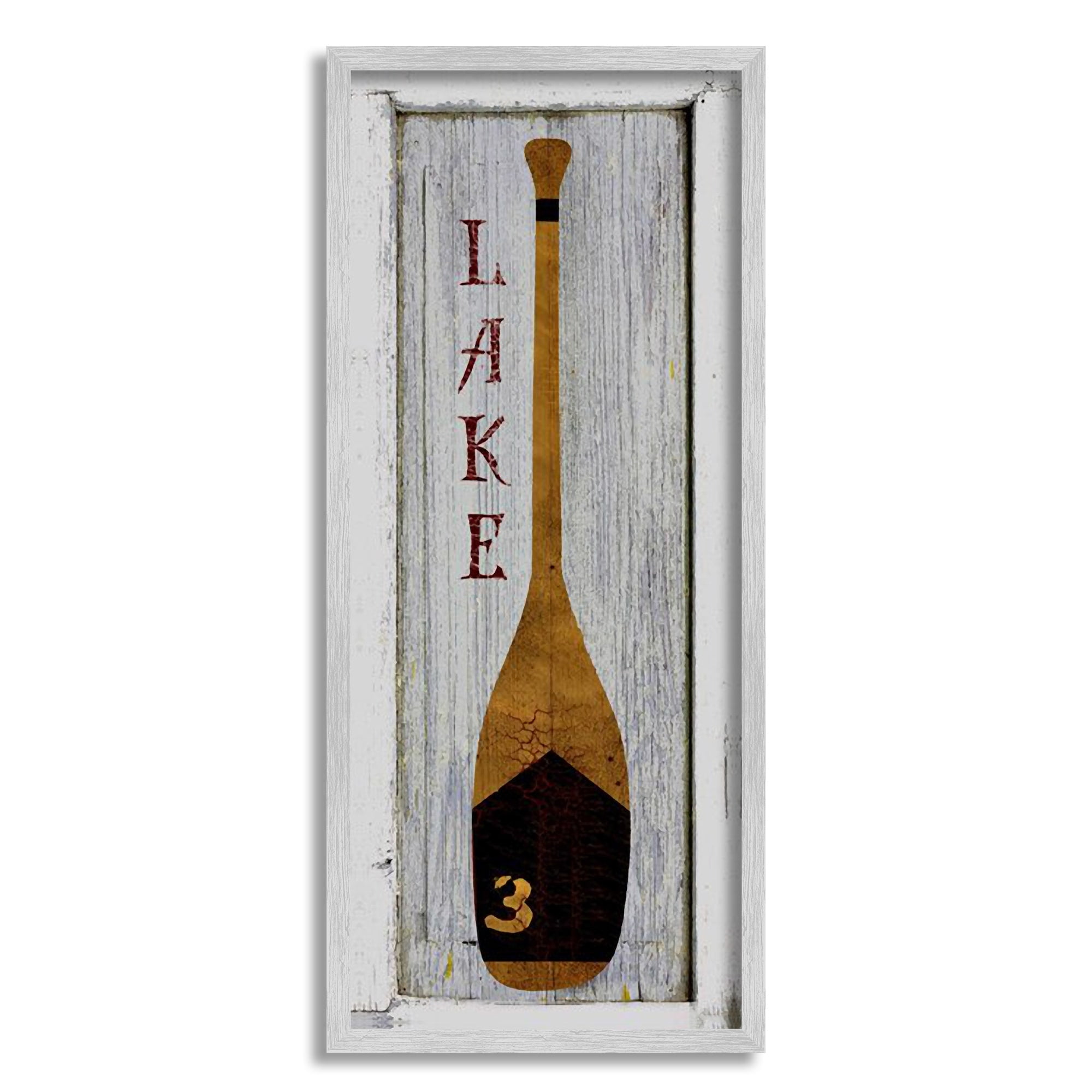 Stupell Industries Rustic Grey Planked Look Vertical Brown Oar Lake Graphic Art Gray Framed Art Print Wall Art, 13x30, by Beth Albert