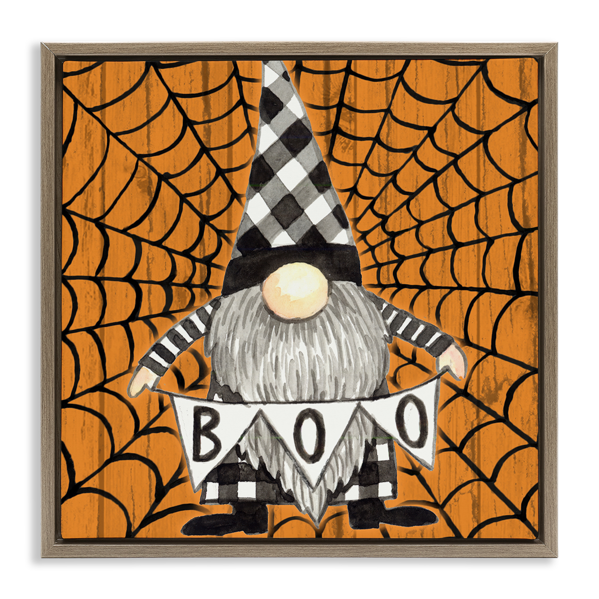 Stupell Industries Rustic Halloween Gnome Holiday Painting Brown Floater Framed Canvas Art Print Wall Art, 18 x 18