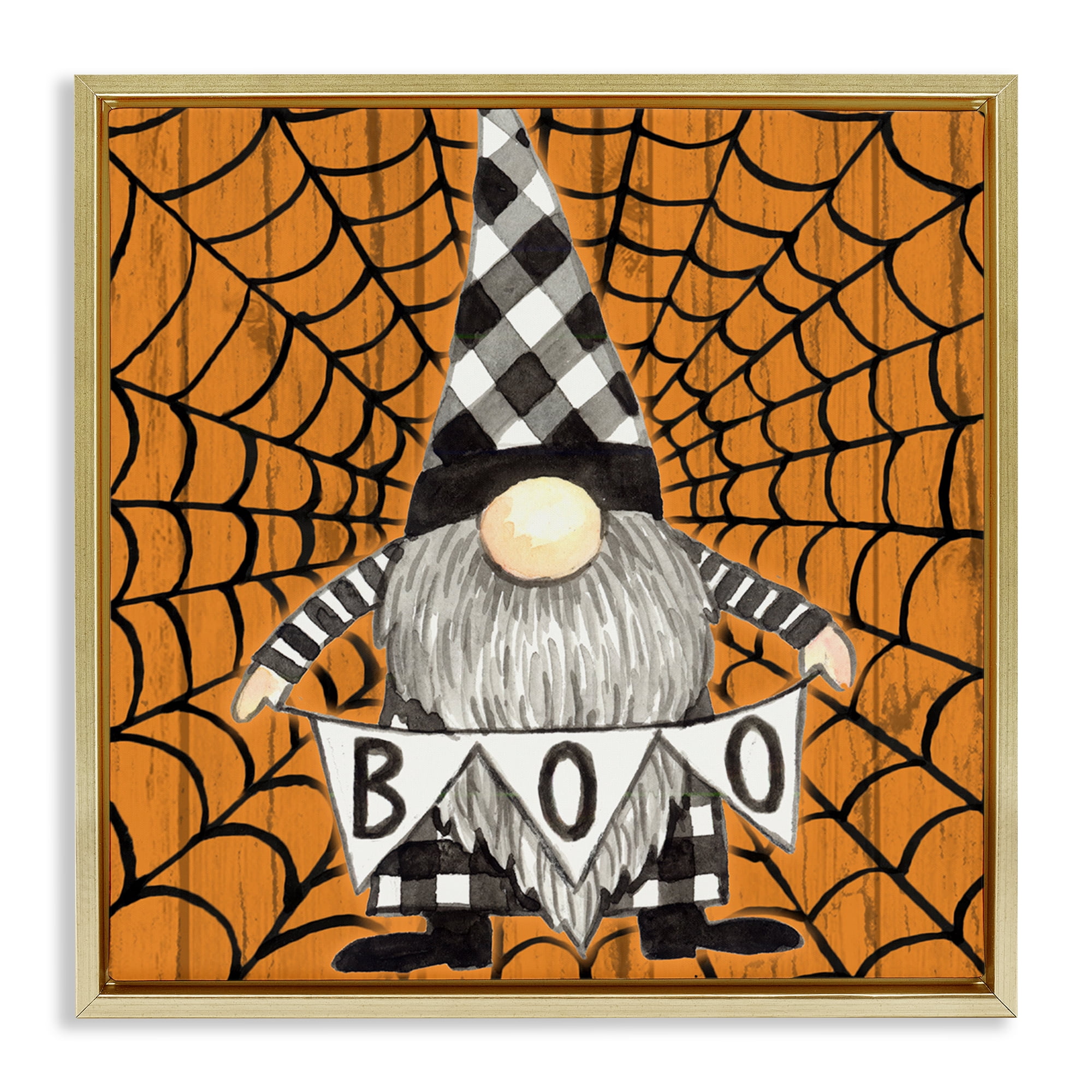 Stupell Industries Rustic Halloween Gnome Holiday Painting Gold Floater Framed Canvas Art Print Wall Art, 25 x 25