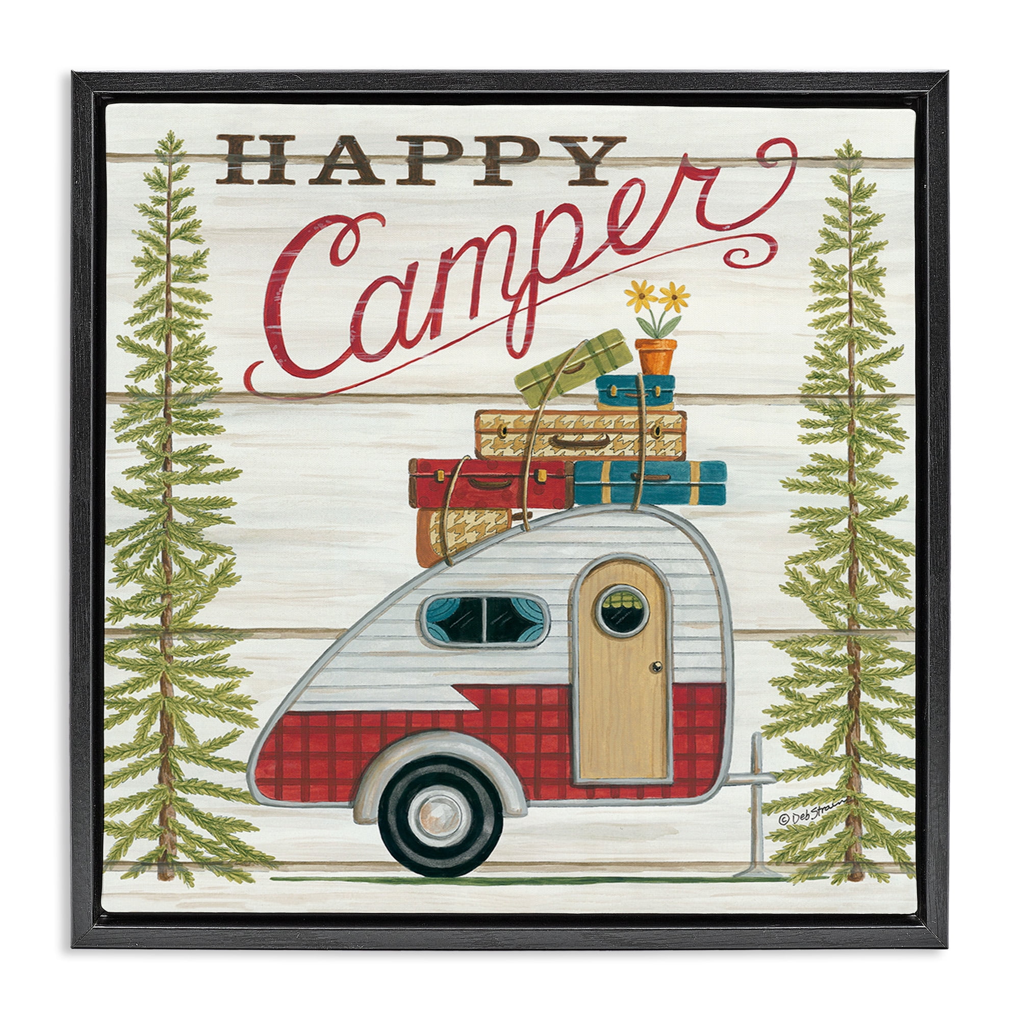 Stupell Industries Rustic Happy Camper Phrase Typography Painting Black Floater Framed Canvas Art Print Wall Art, 18 x 18