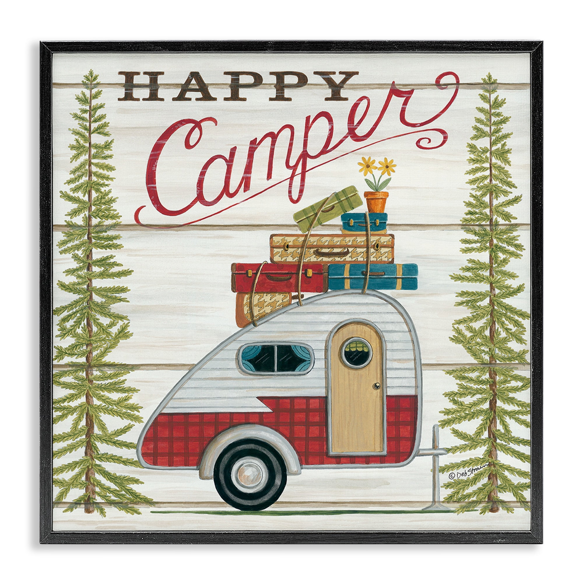 Stupell Industries Rustic Happy Camper Phrase Typography Painting Black Framed Art Print Wall Art, 17 x 17