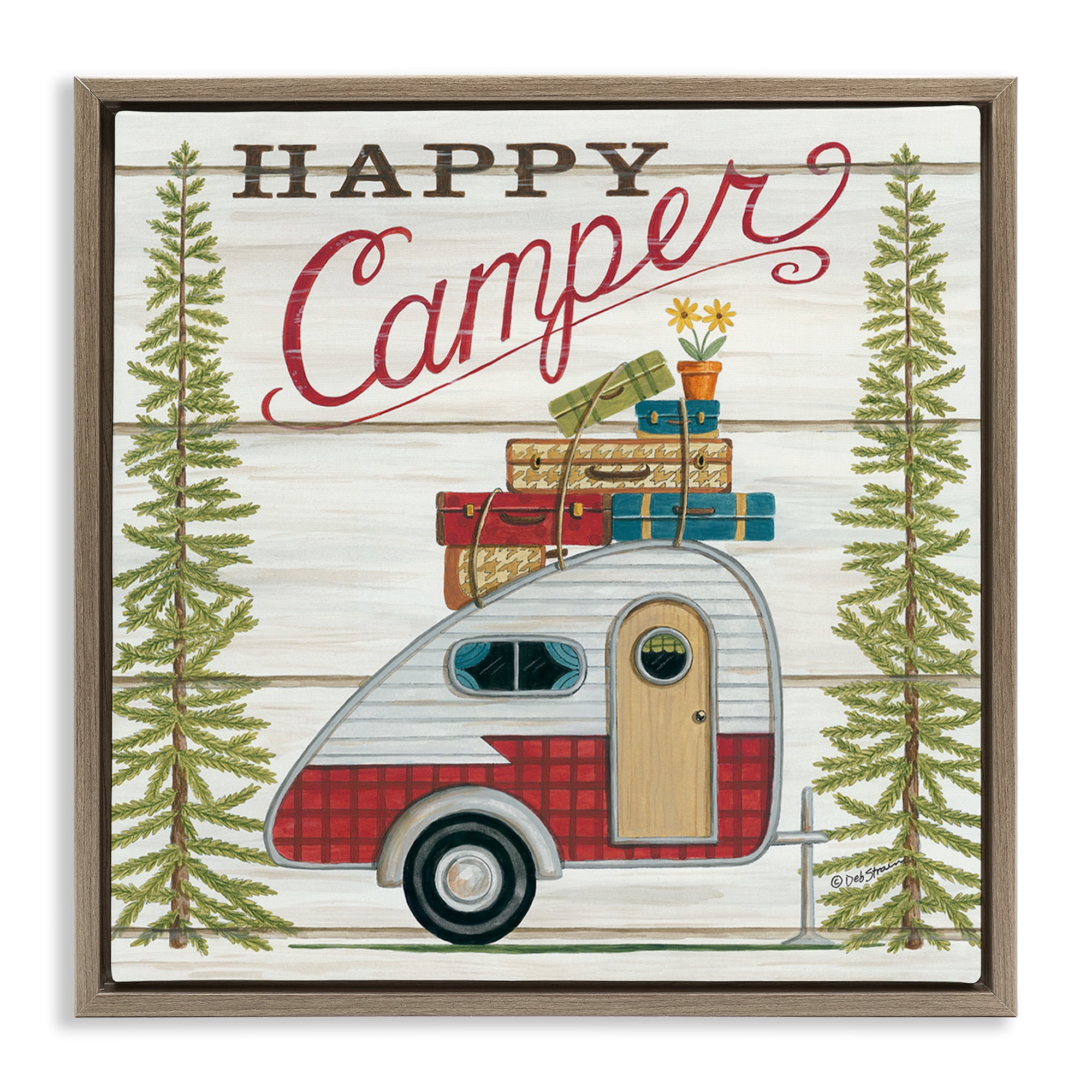 Stupell Industries Rustic Happy Camper Phrase Typography Painting Brown Floater Framed Canvas Art Print Wall Art, 18 x 18