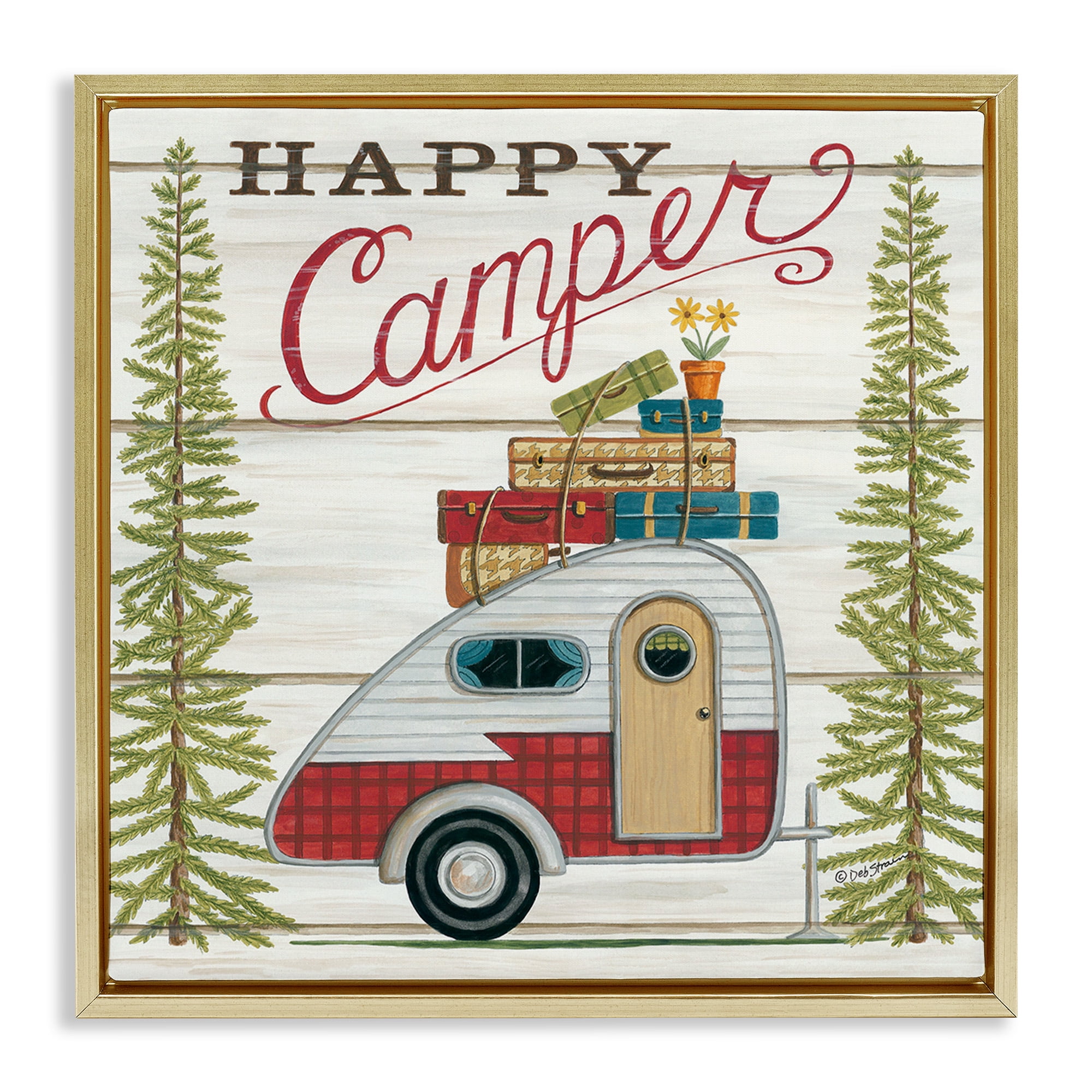Stupell Industries Rustic Happy Camper Phrase Typography Painting Gold Floater Framed Canvas Art Print Wall Art, 18 x 18