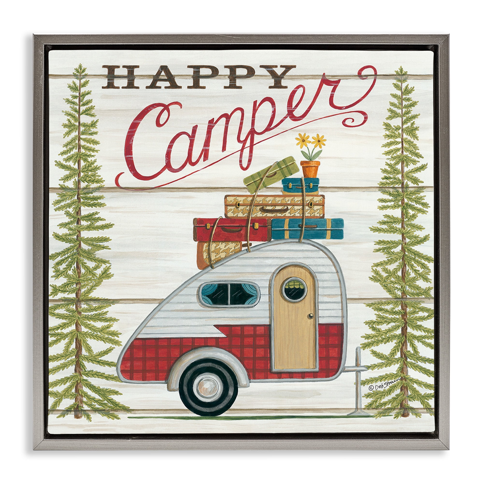 Stupell Industries Rustic Happy Camper Phrase Typography Painting Gray Floater Framed Canvas Art Print Wall Art, 18 x 18