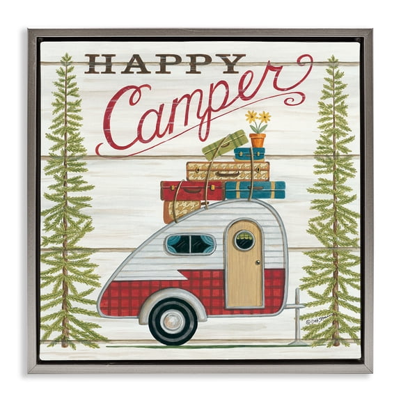 Stupell Industries Rustic Happy Camper Phrase Typography Painting Gray Floater Framed Canvas Art Print Wall Art, 25 x 25