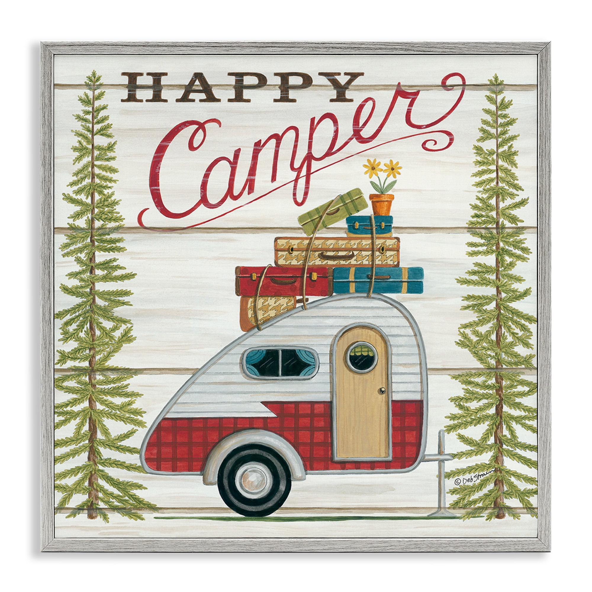 Stupell Industries Rustic Happy Camper Phrase Typography Painting Gray Framed Art Print Wall Art, 12 x 12