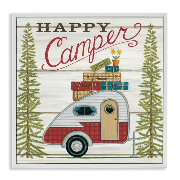 Stupell Industries Rustic Happy Camper Phrase Typography Painting White Framed Art Print Wall Art, 12 x 12