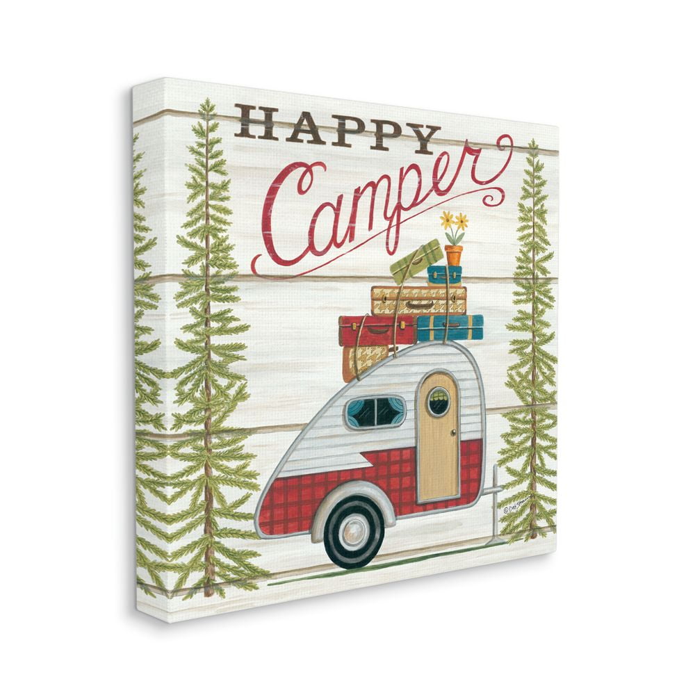 Stupell Industries Rustic Happy Camper Quote Forest Camping Trailer Canvas Wall Art Design by Deb Strain, 24" x 24"