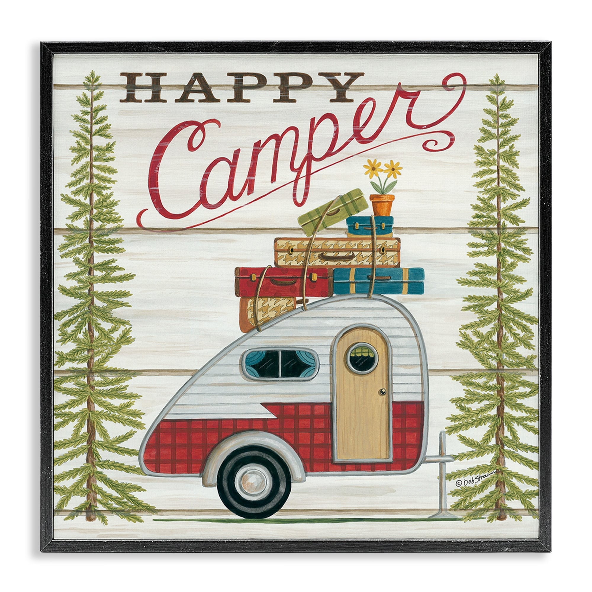 Rustic Happy Camper Quote Canvas Print with Black Frame