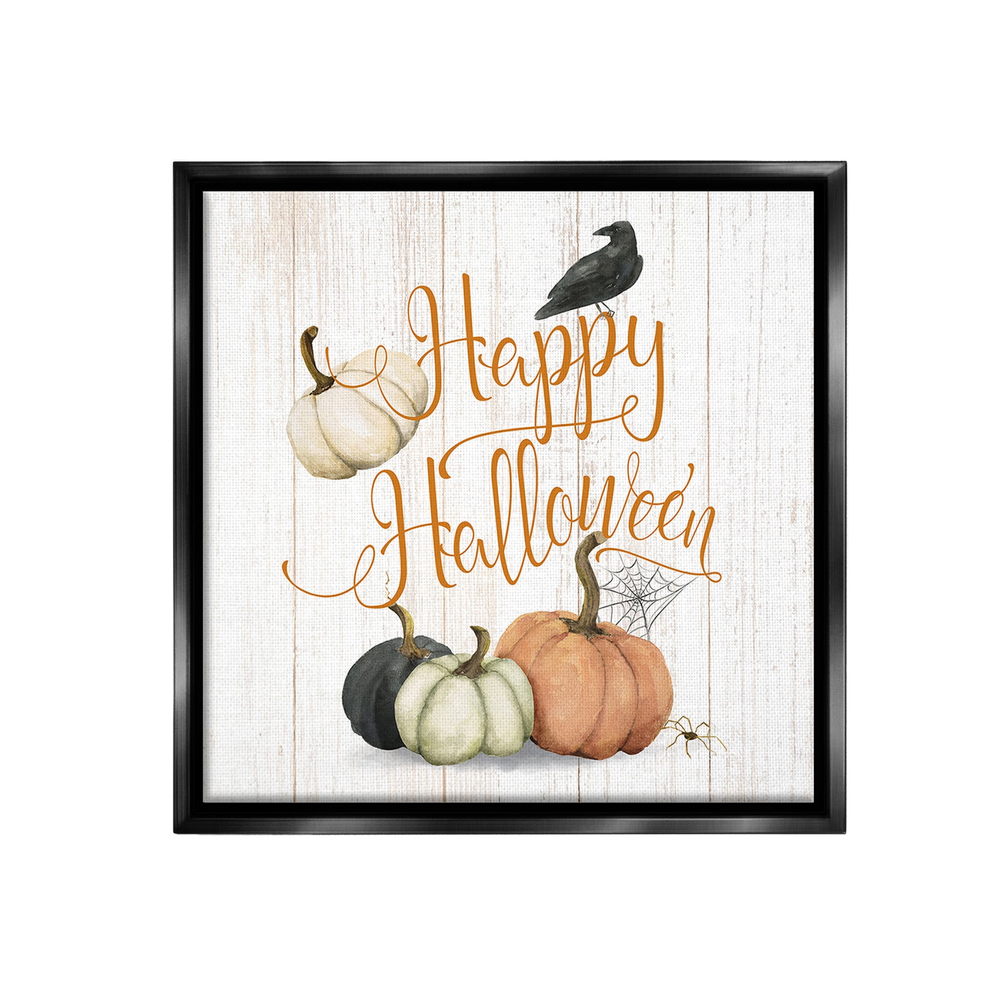 Stupell Industries Rustic Happy Halloween Holiday Painting Black Floater Framed Canvas Art Print Wall Art, 18 x 18