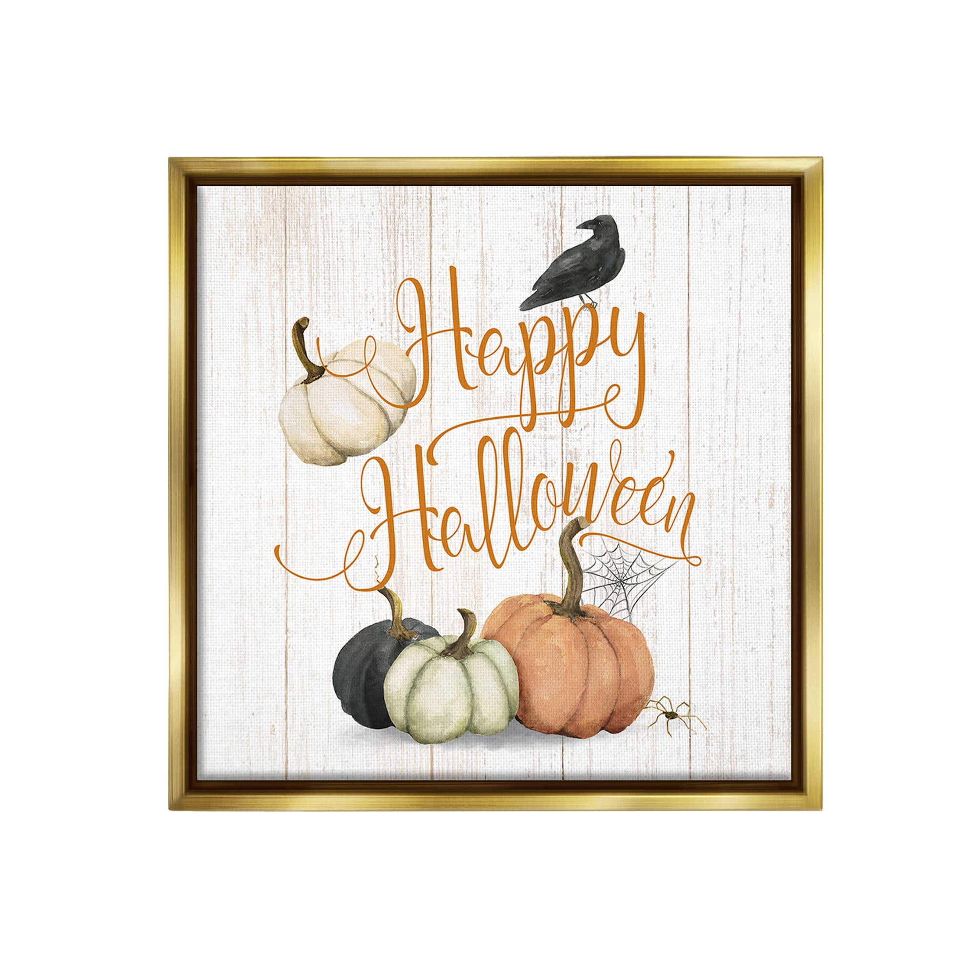 Stupell Industries Rustic Happy Halloween Holiday Painting Gold Floater Framed Canvas Art Print Wall Art, 18 x 18