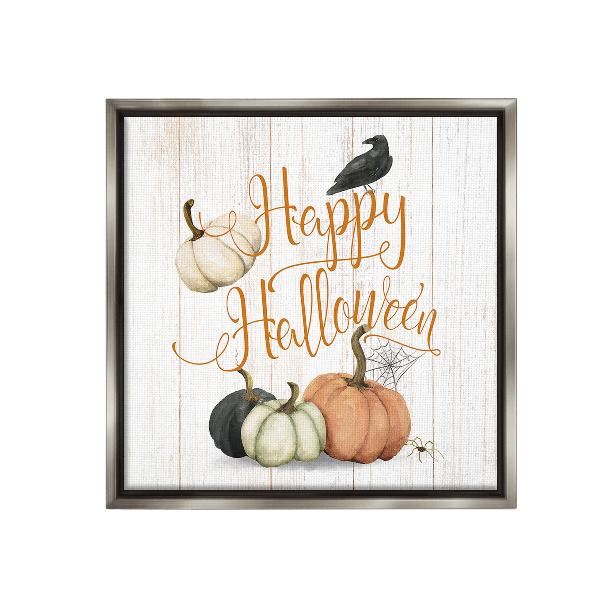 Stupell Industries Rustic Happy Halloween Holiday Painting Gray Floater Framed Canvas Art Print Wall Art, 25 x 25