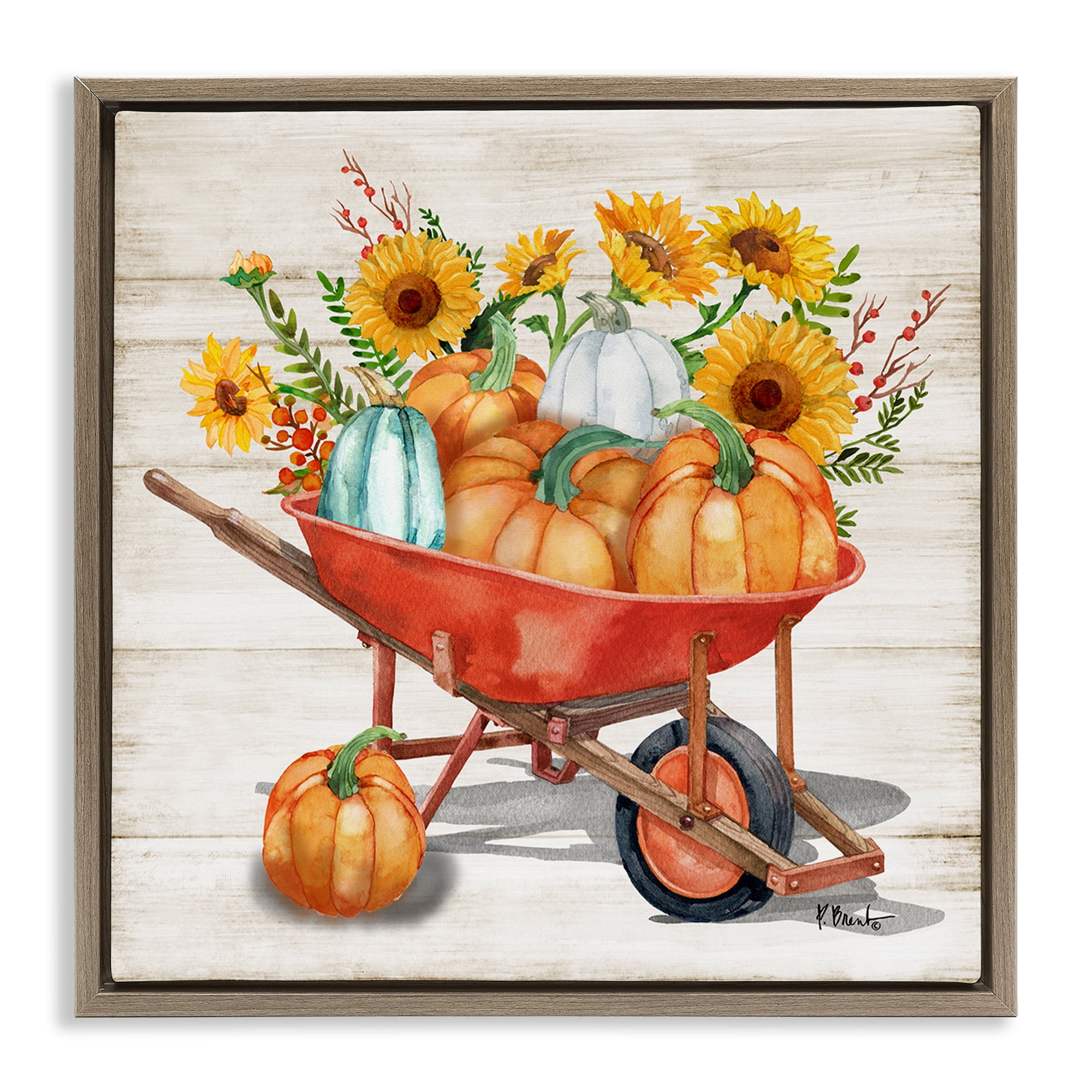 Stupell Industries Rustic Harvest Wagon Botanical & Floral Painting Brown Floater Framed Canvas Art Prints Wall Art, 18 x 18