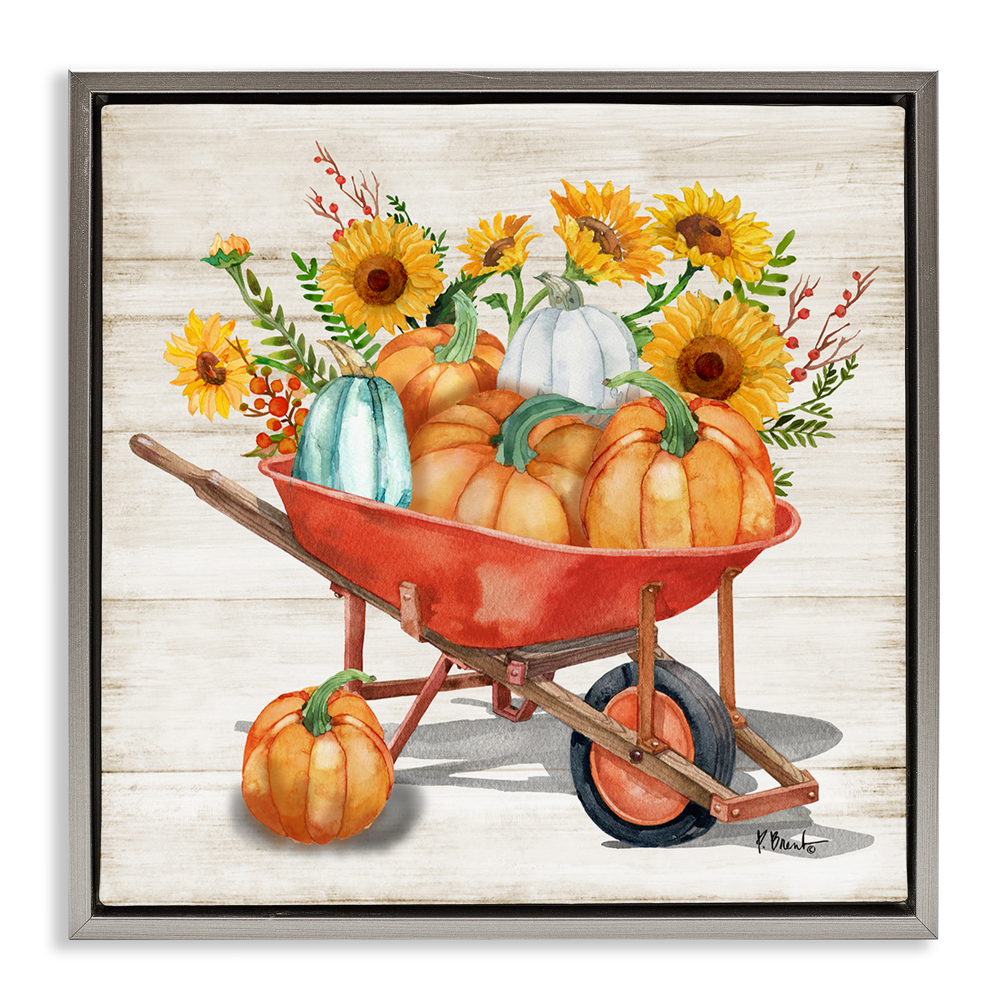 Stupell Industries Rustic Harvest Wagon Botanical & Floral Painting Gray Floater Framed Canvas Art Prints Wall Art, 18 x 18