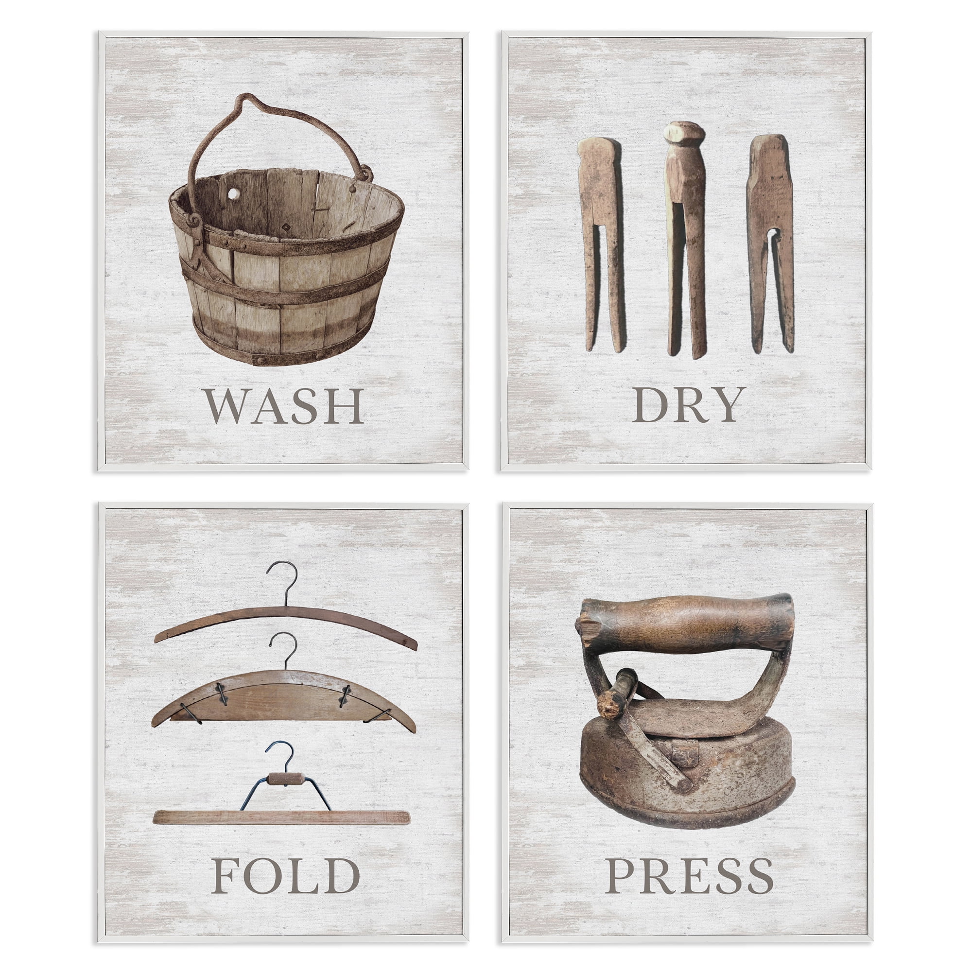 Stupell Industries Rustic Heirloom Laundry Bath & Laundry Painting White Framed Art Print Wall Art, 11 x 14, Set of 4