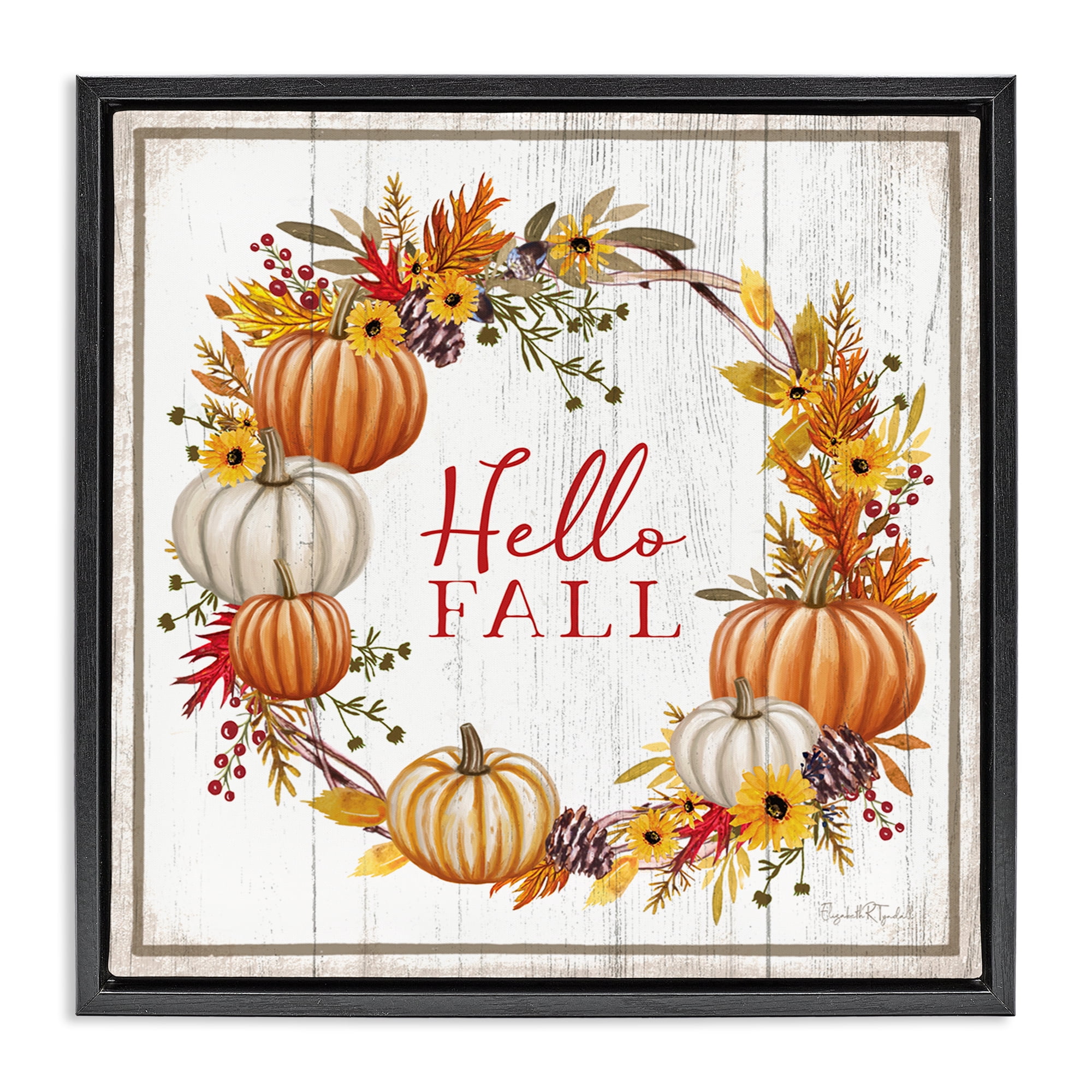Stupell Industries Rustic Hello Fall Holiday Painting Black Floater Framed Canvas Art Prints Wall Art, 18 x 18