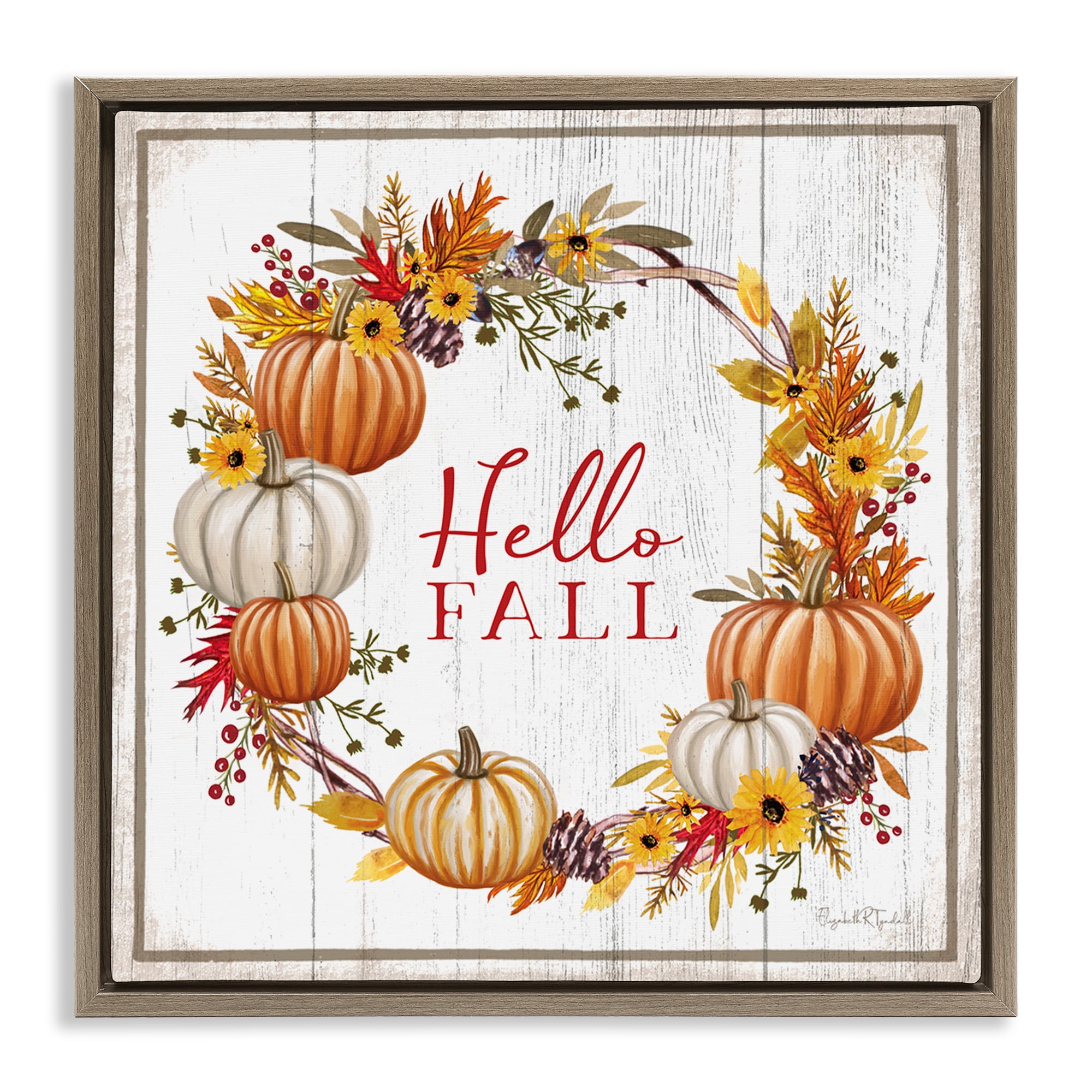 Stupell Industries Rustic Hello Fall Holiday Painting Brown Floater Framed Canvas Art Prints Wall Art, 25 x 25