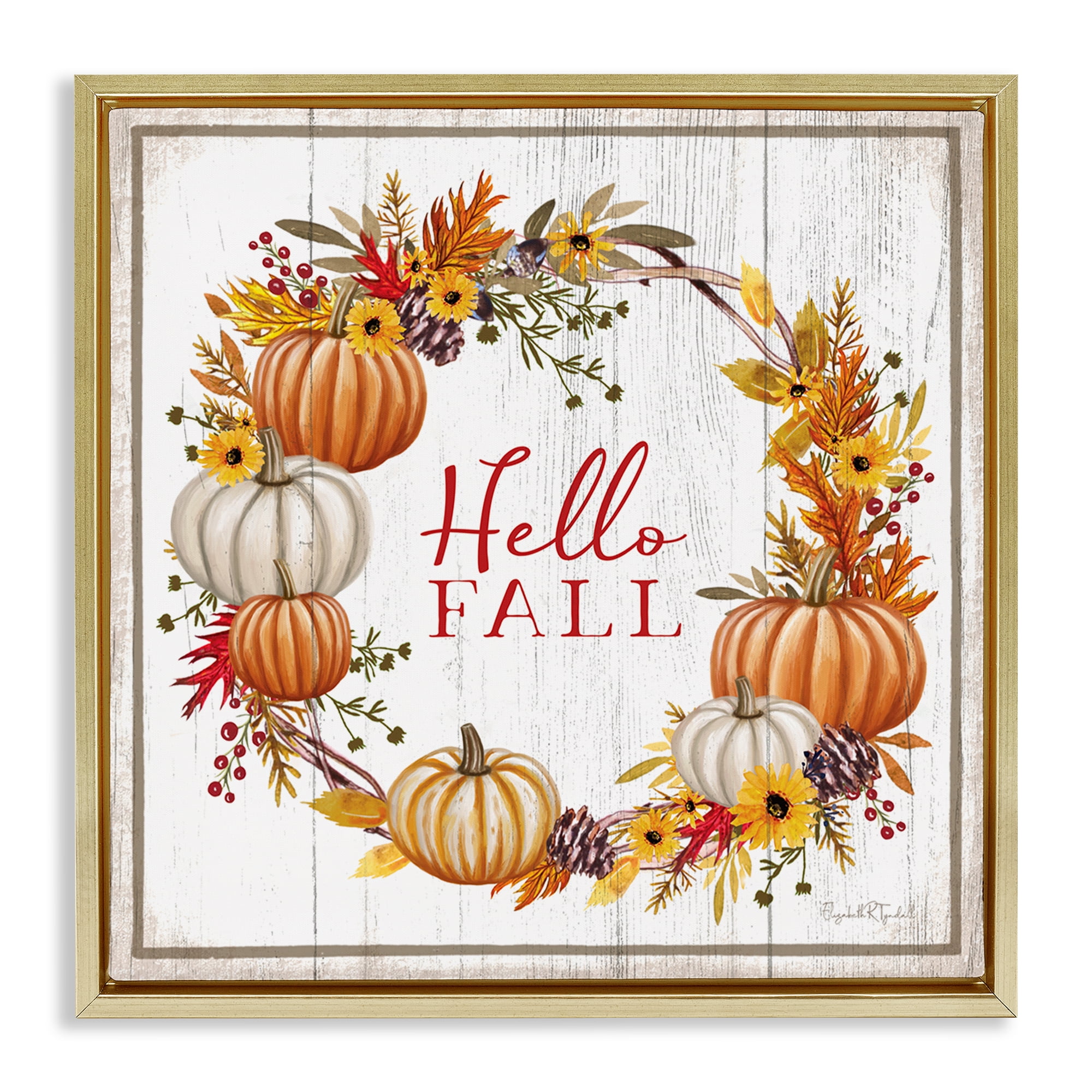 Stupell Industries Rustic Hello Fall Holiday Painting Gold Floater Framed Canvas Art Prints Wall Art, 18 x 18