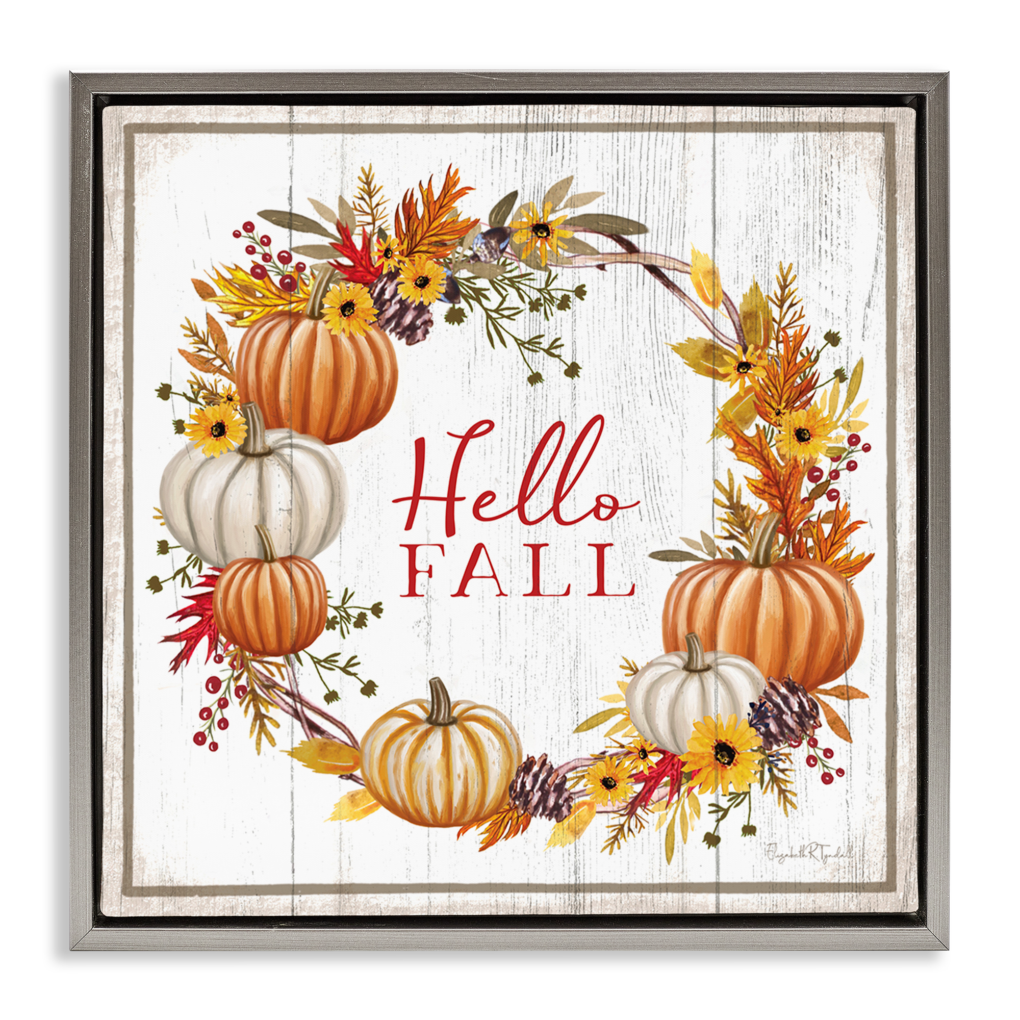 Stupell Industries Rustic Hello Fall Holiday Painting Gray Floater Framed Canvas Art Prints Wall Art, 18 x 18