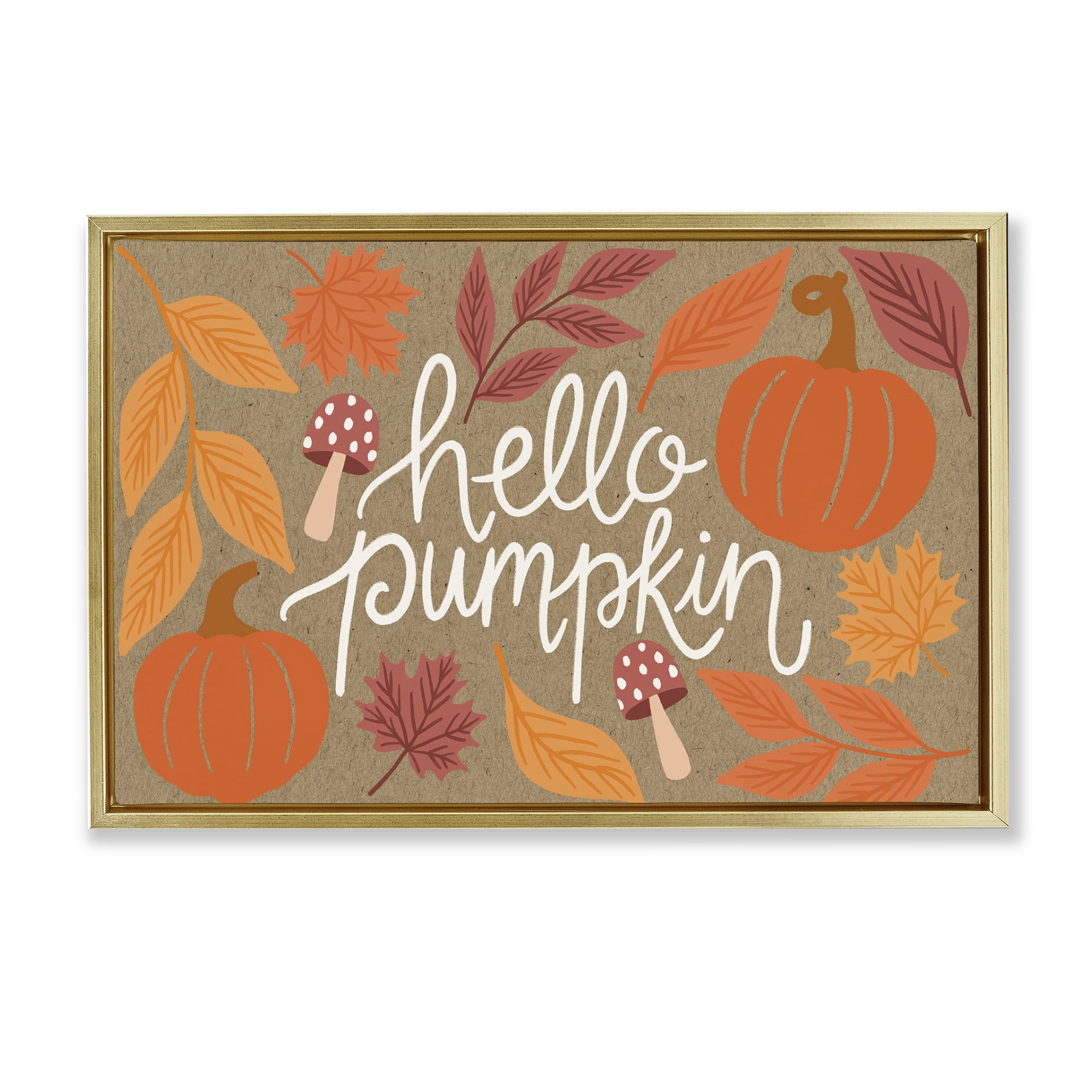 Stupell Industries Rustic Hello Pumpkin Plants & Flowers Painting Gold Floater Framed Canvas Art Print Wall Art, 31 x 21