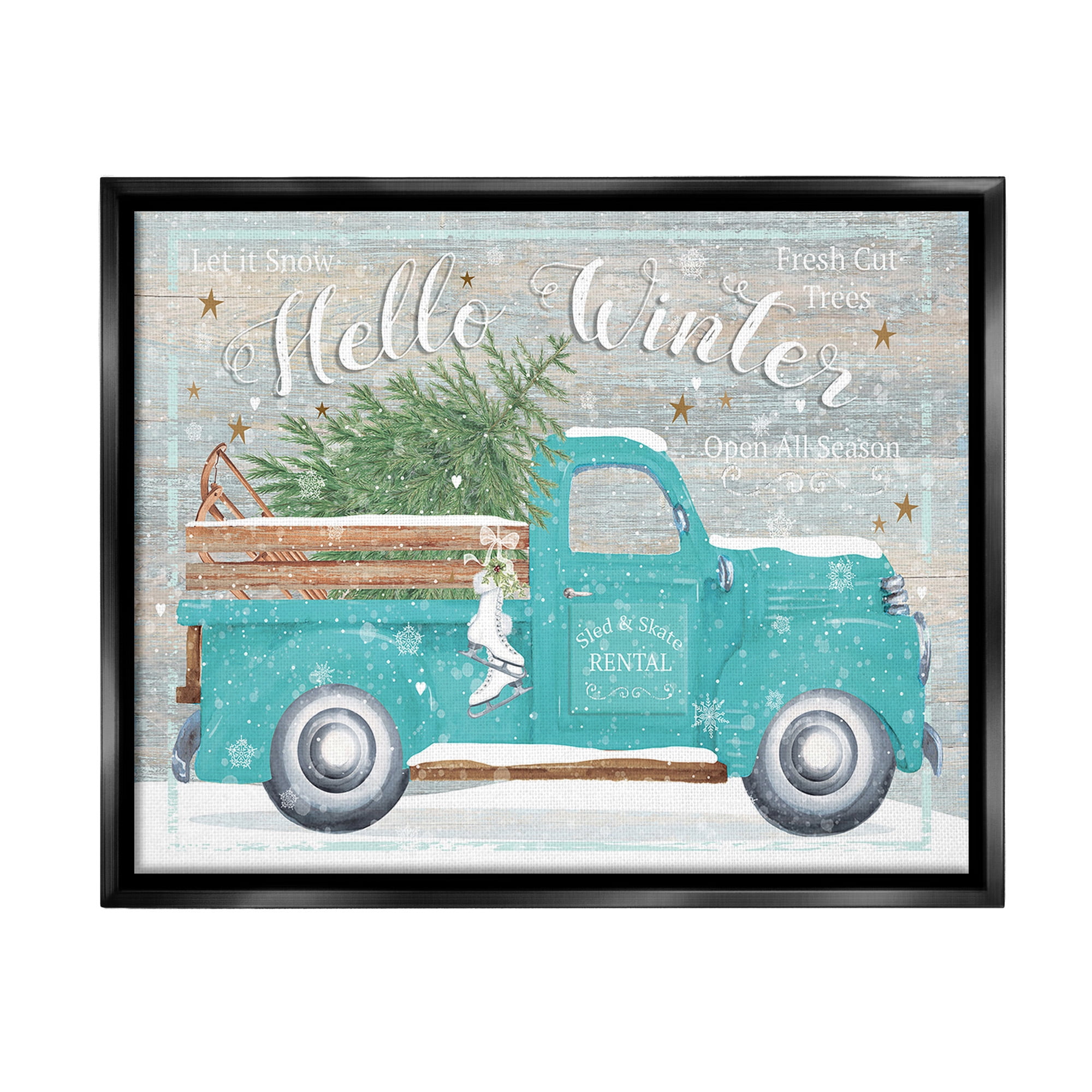 Stupell Industries Rustic Hello Winter Truck Holiday Painting Black Floater Framed Canvas Art Print Wall Art, 21 x 17