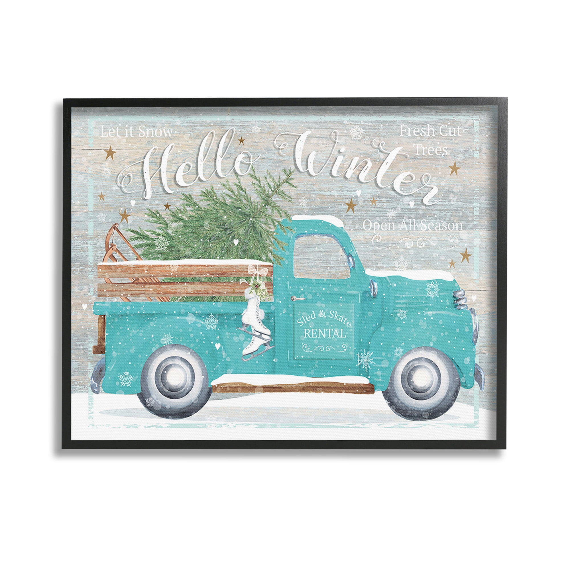 Stupell Industries Rustic Hello Winter Truck Holiday Painting Black Framed Art Print Wall Art, 14 x 11
