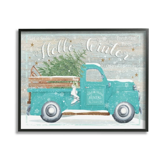 Stupell Industries Rustic Hello Winter Truck Holiday Painting Black Framed Art Print Wall Art, 14 x 11