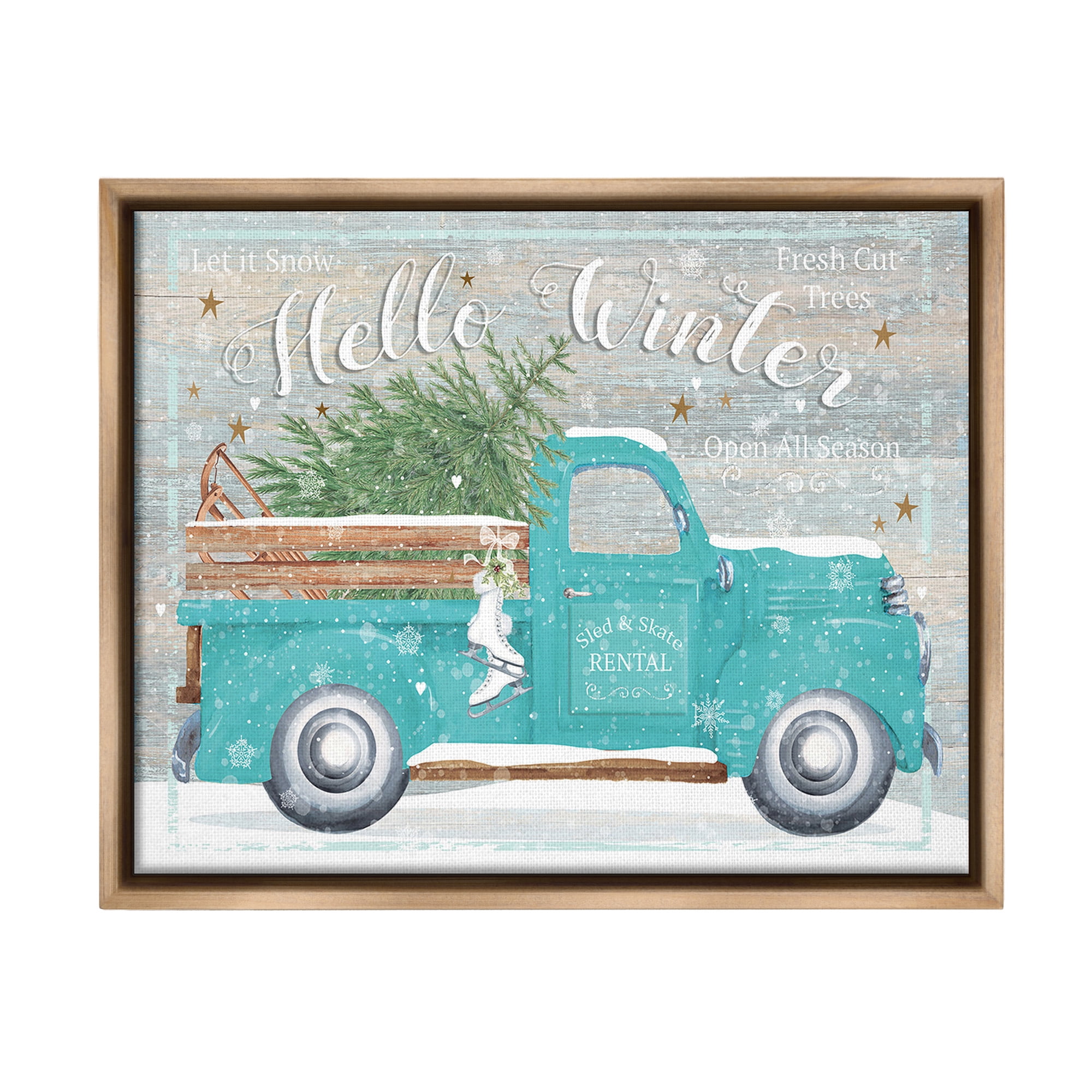 Stupell Industries Rustic Hello Winter Truck Holiday Painting Brown Floater Framed Canvas Art Print Wall Art, 31 x 25