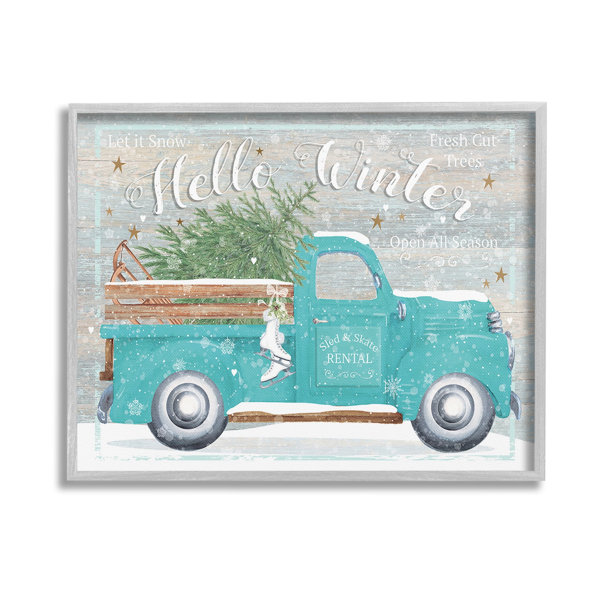 Stupell Industries Rustic Hello Winter Truck Holiday Painting Gray Framed Art Print Wall Art, 14 x 11