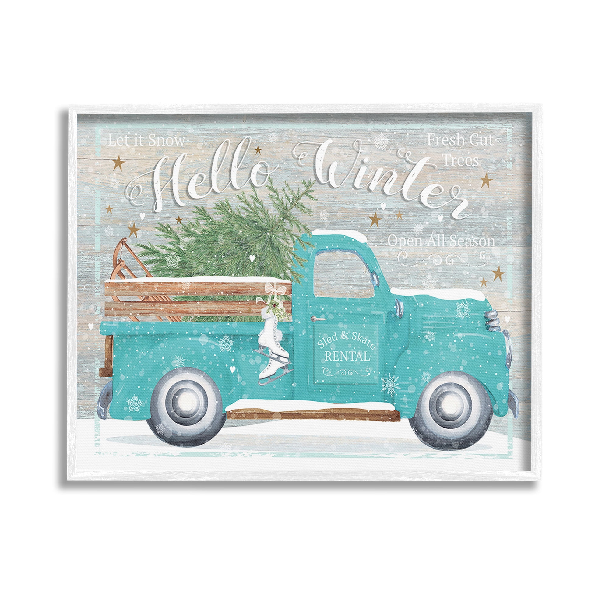 Stupell Industries Rustic Hello Winter Truck Holiday Painting White Framed Art Print Wall Art, 14 x 11