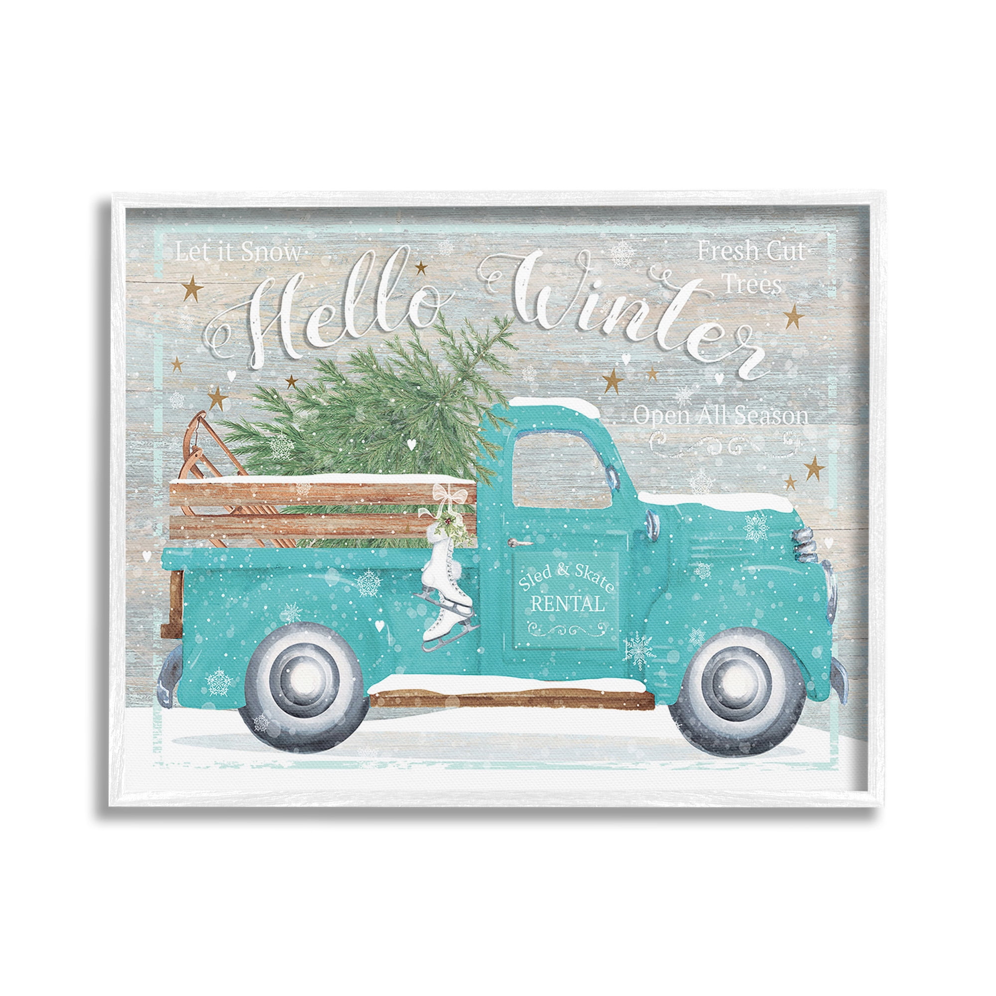 Stupell Industries Rustic Hello Winter Truck Holiday Painting White Framed Art Print Wall Art, 20 x 16