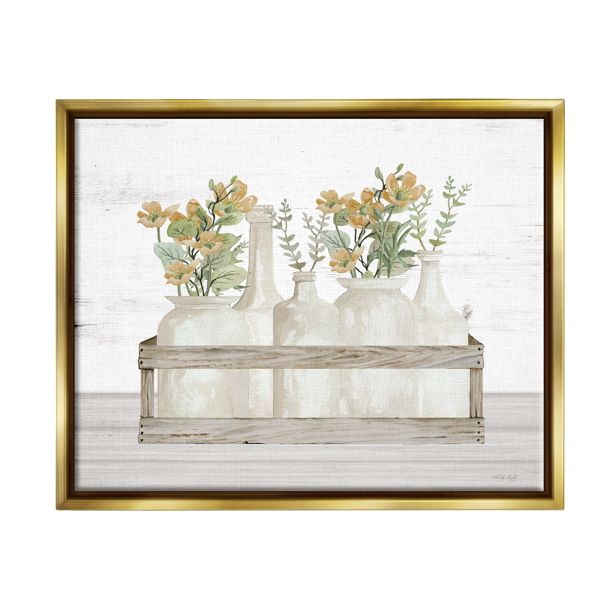 Stupell Industries Rustic Herb Jars Botanical & Floral Painting Gold Floater Framed Canvas Art Print Wall Art, 21 x 17