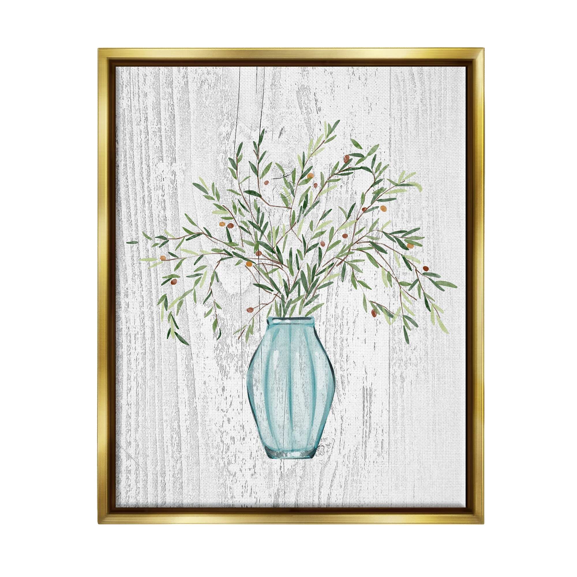 Stupell Industries Rustic Herbs Plants Budding Blue Glass Vase Graphic Art Metallic Gold Floating Framed Canvas Print Wall Art, Design by Ziwei Li