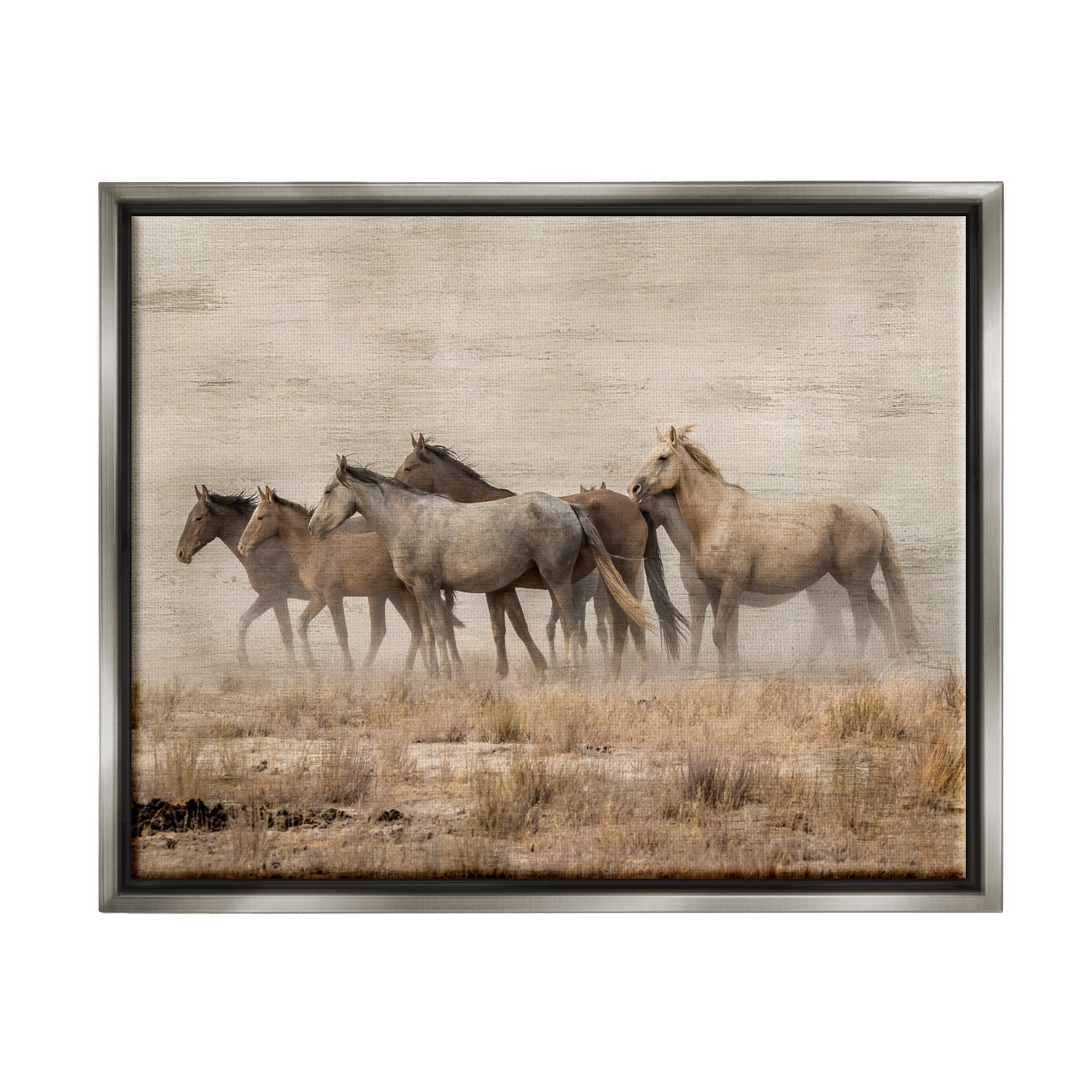 Stupell Industries Rustic Herd of Horses Animals & Insects Painting Gray Floater Framed Canvas Art Print Wall Art, 21 x 17