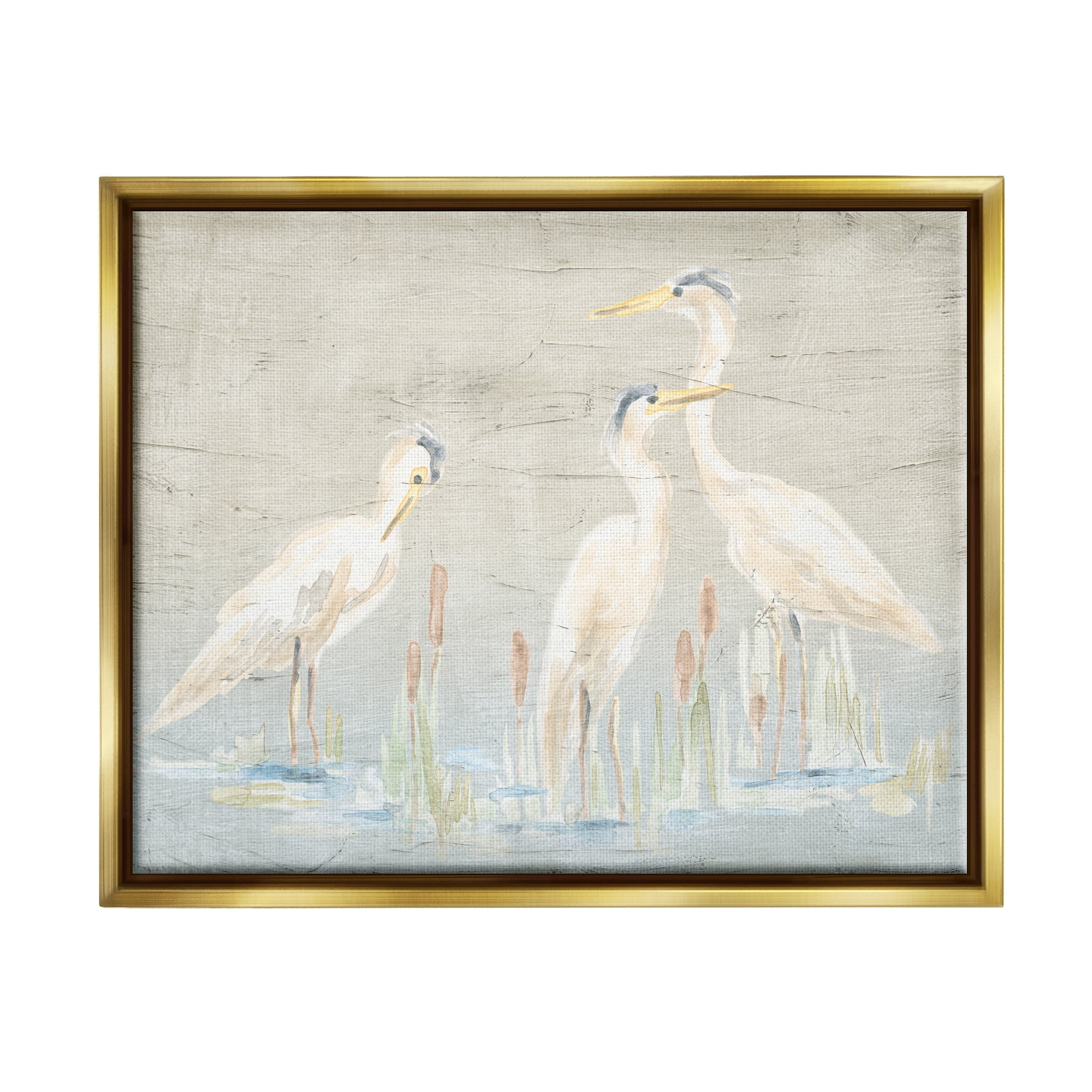 Stupell Industries Rustic Herons Scene Animals & Insects Painting Gold Floater Framed Canvas Art Print Wall Art, 31 x 25