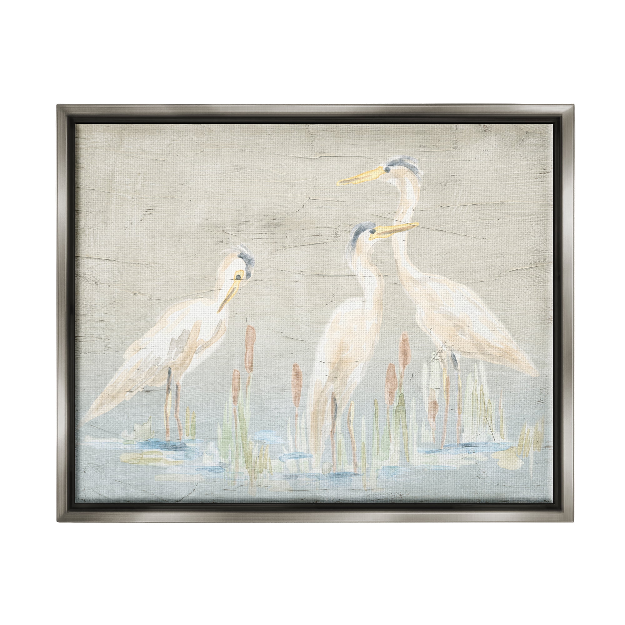 Stupell Industries Rustic Herons Scene Animals & Insects Painting Gray Floater Framed Canvas Art Print Wall Art, 21 x 17