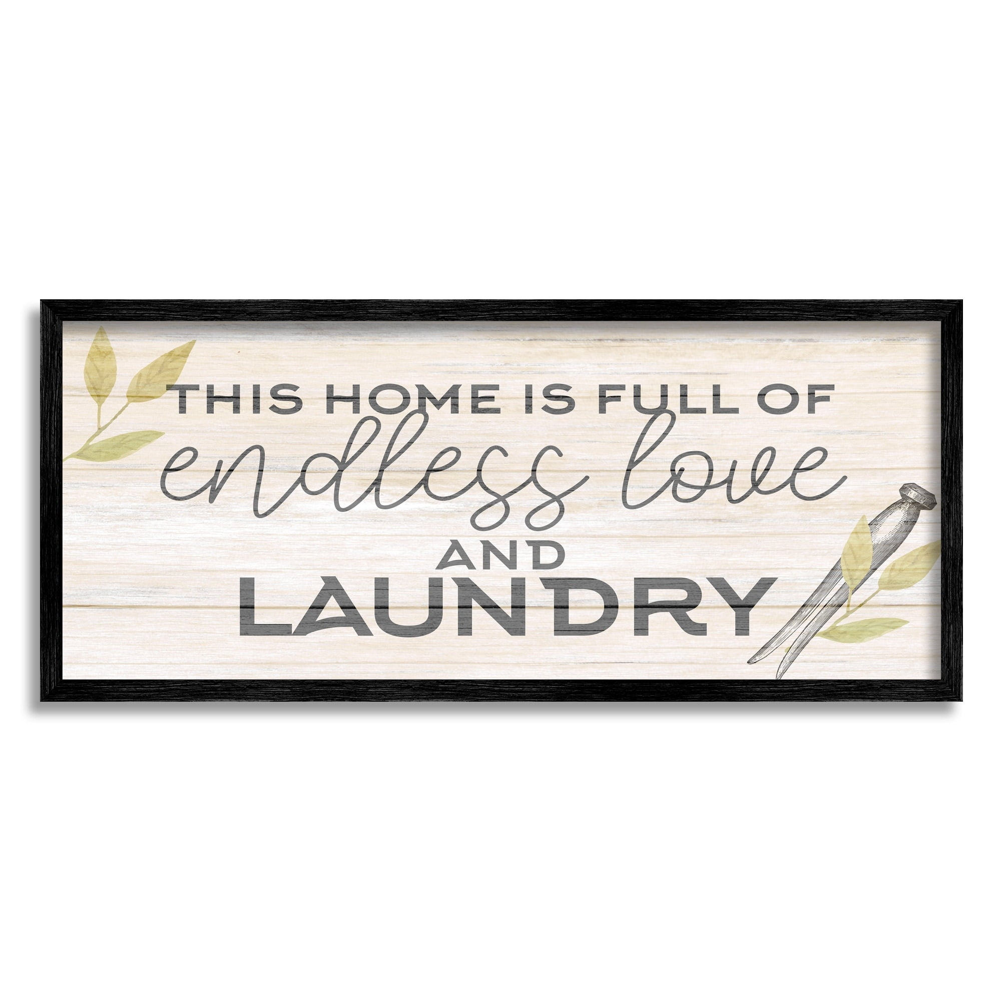 Stupell Industries Rustic Home Laundry Clothespin Sign Botanical Motif Framed Wall Art, 30 x 13, Design by Kim Allen