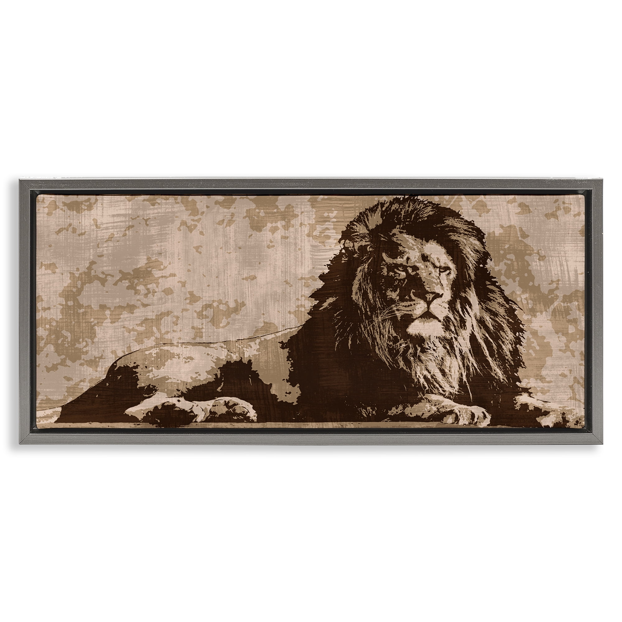 Stupell Industries Rustic Impression Lion Animals Painting Gray Floater Framed Canvas Art Print Wall Art, 31 x 14