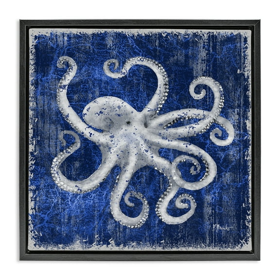 Stupell Industries Rustic Indigo Octopus Nautical & Beach Painting Black Floater Framed Canvas Art Print Wall Art, 18 x 18