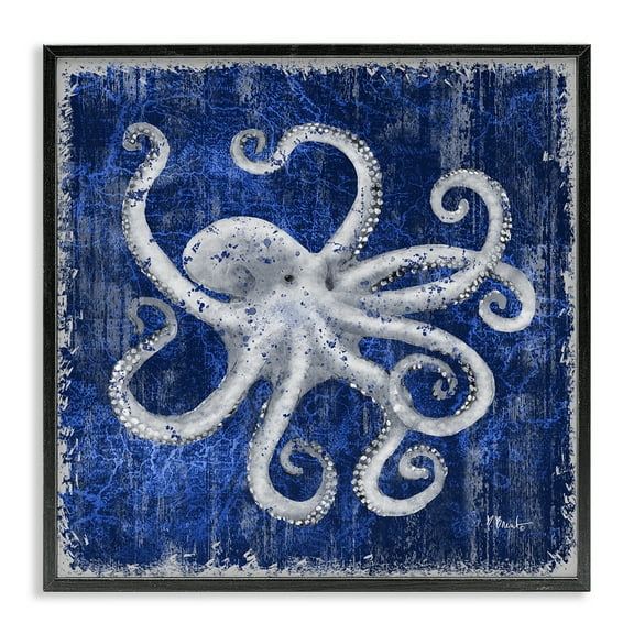Stupell Industries Rustic Indigo Octopus Nautical & Beach Painting Black Framed Art Print Wall Art, 12 x 12
